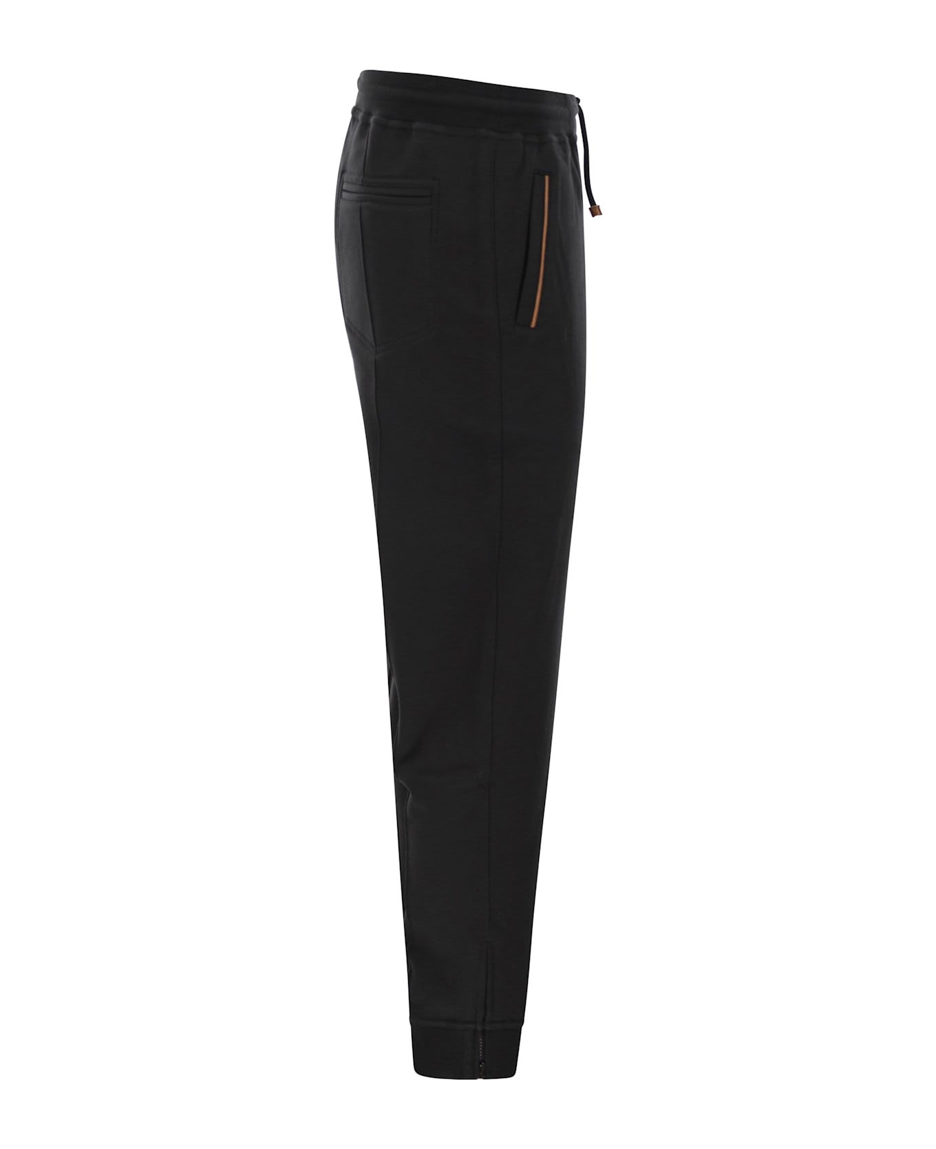 Brunello Cucinelli Techno Cotton Fleece Trousers With Zip On Stretch Bottom, Crete And Piping - Black