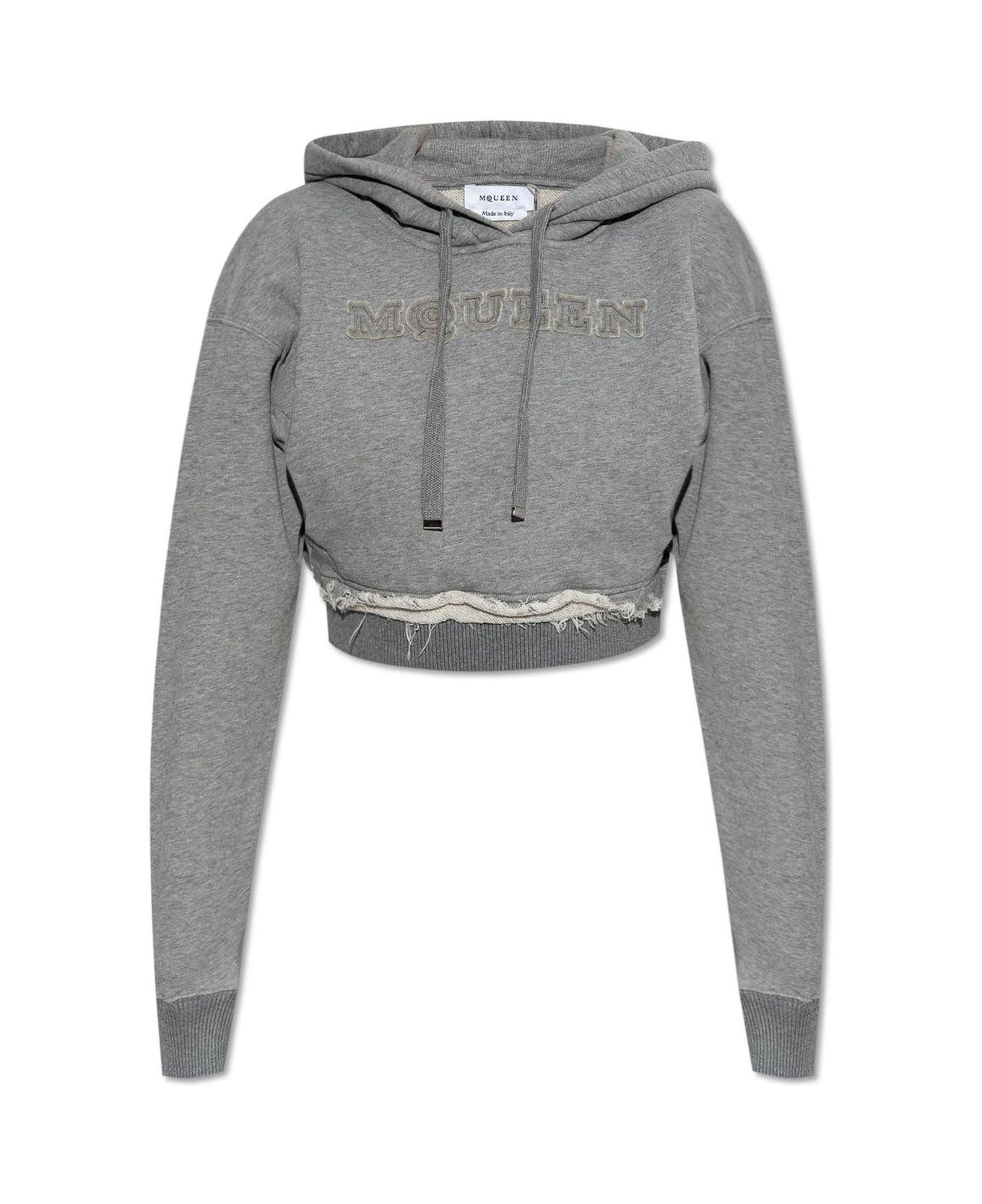 Alexander McQueen Drawstring Distressed Cropped Hoodie - Grey