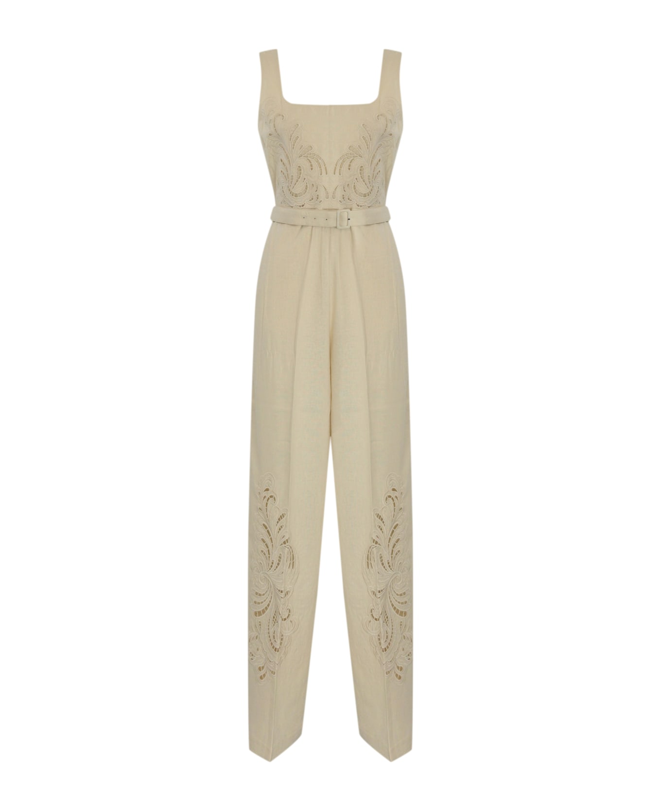 TwinSet Linen Blend Jumpsuit With Embroidery And Belt - Madreperla