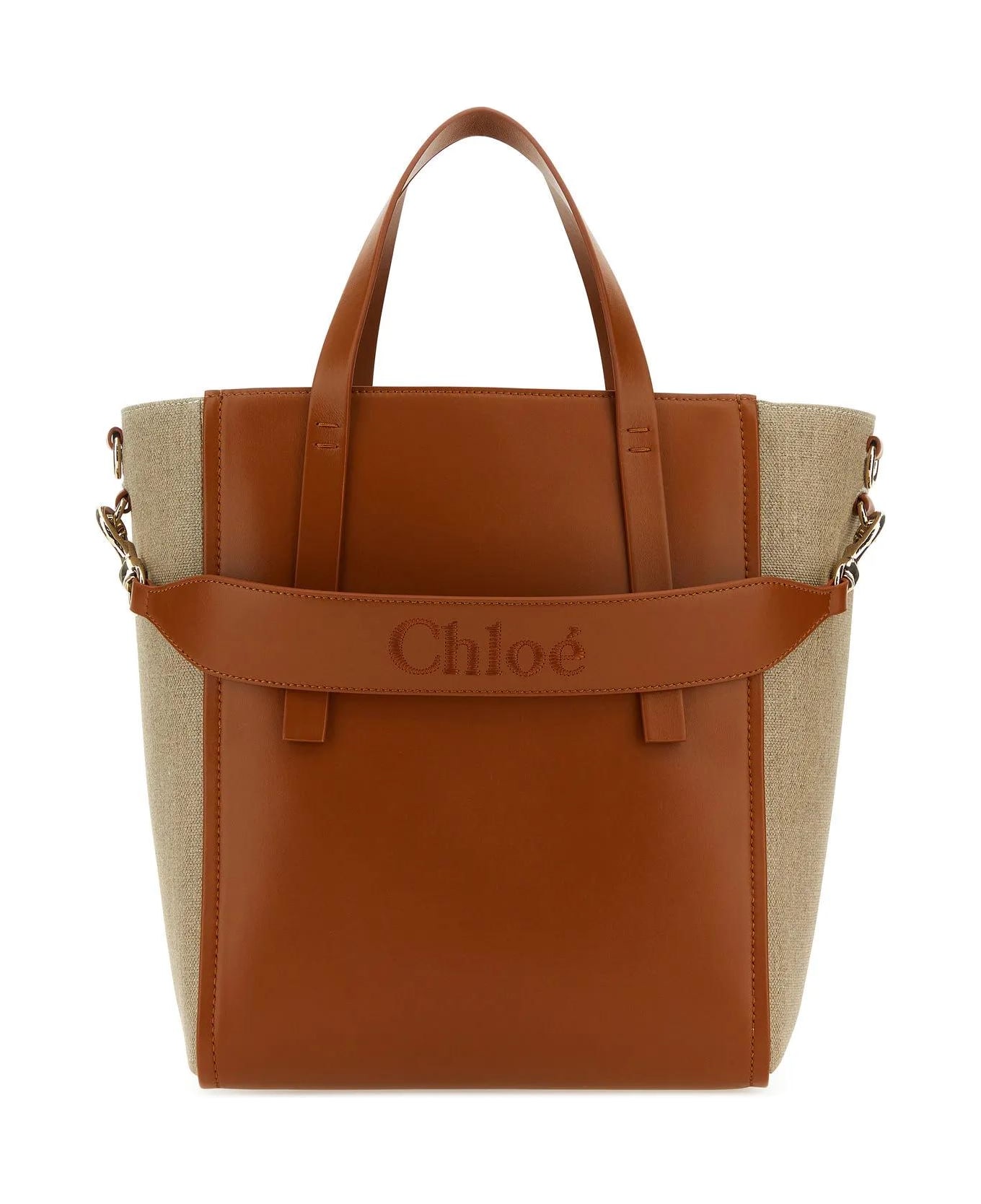 Chloé Two-tone Linen And Leather Medium Sense Shopping Bag - Leather Brown