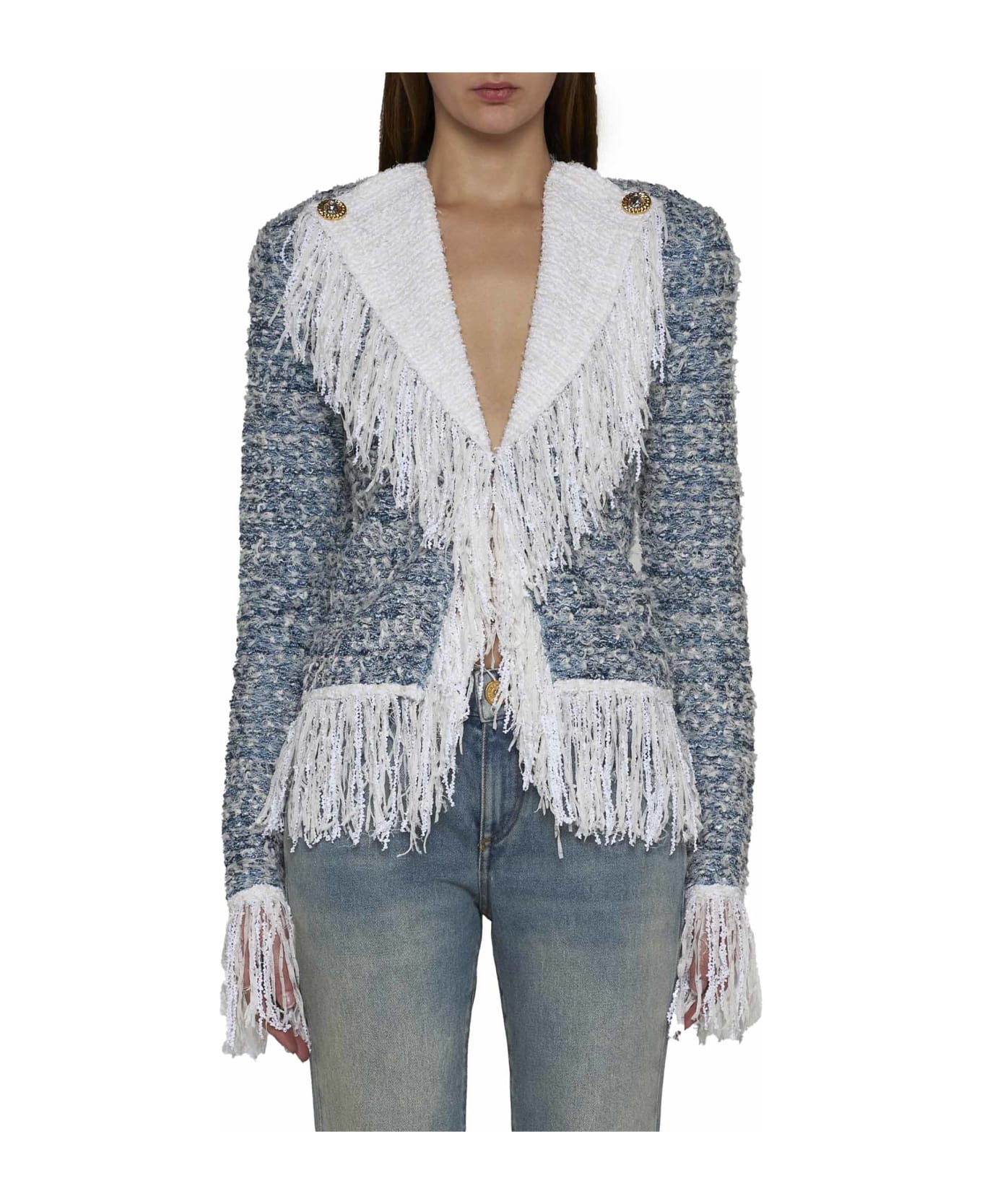 Balmain Fringed Tweed Jacket - Belu pale/blanc