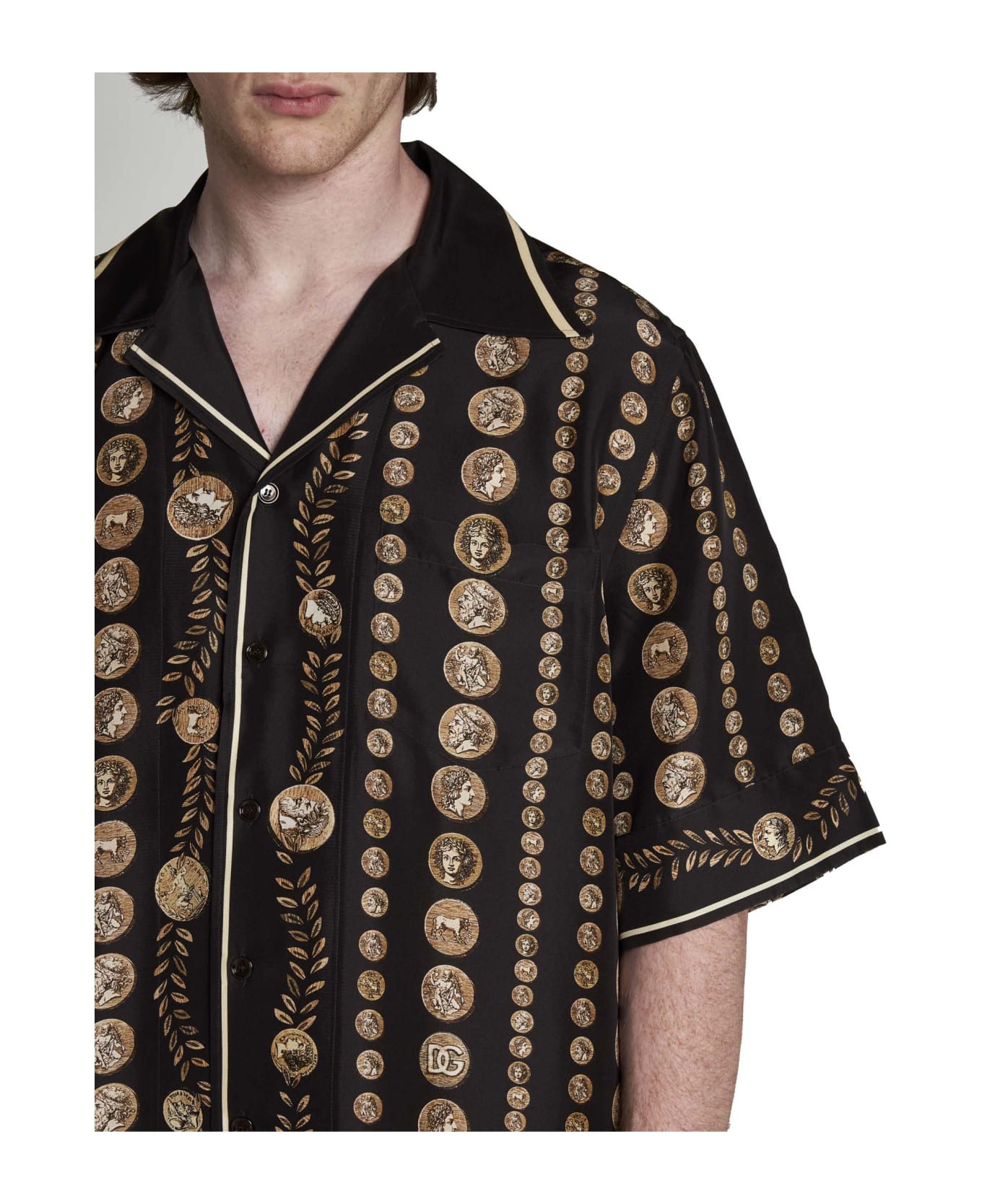 Dolce & Gabbana Bowling Shirt With All-over Coin Print In Silk - Monete fdo marrone