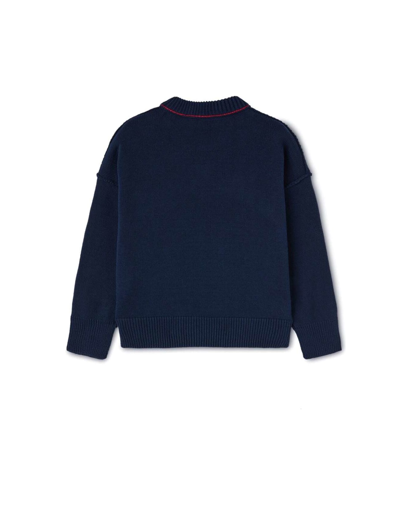 Palm Angels Curved Logo Knit Crew Navy Blue Red - Blu