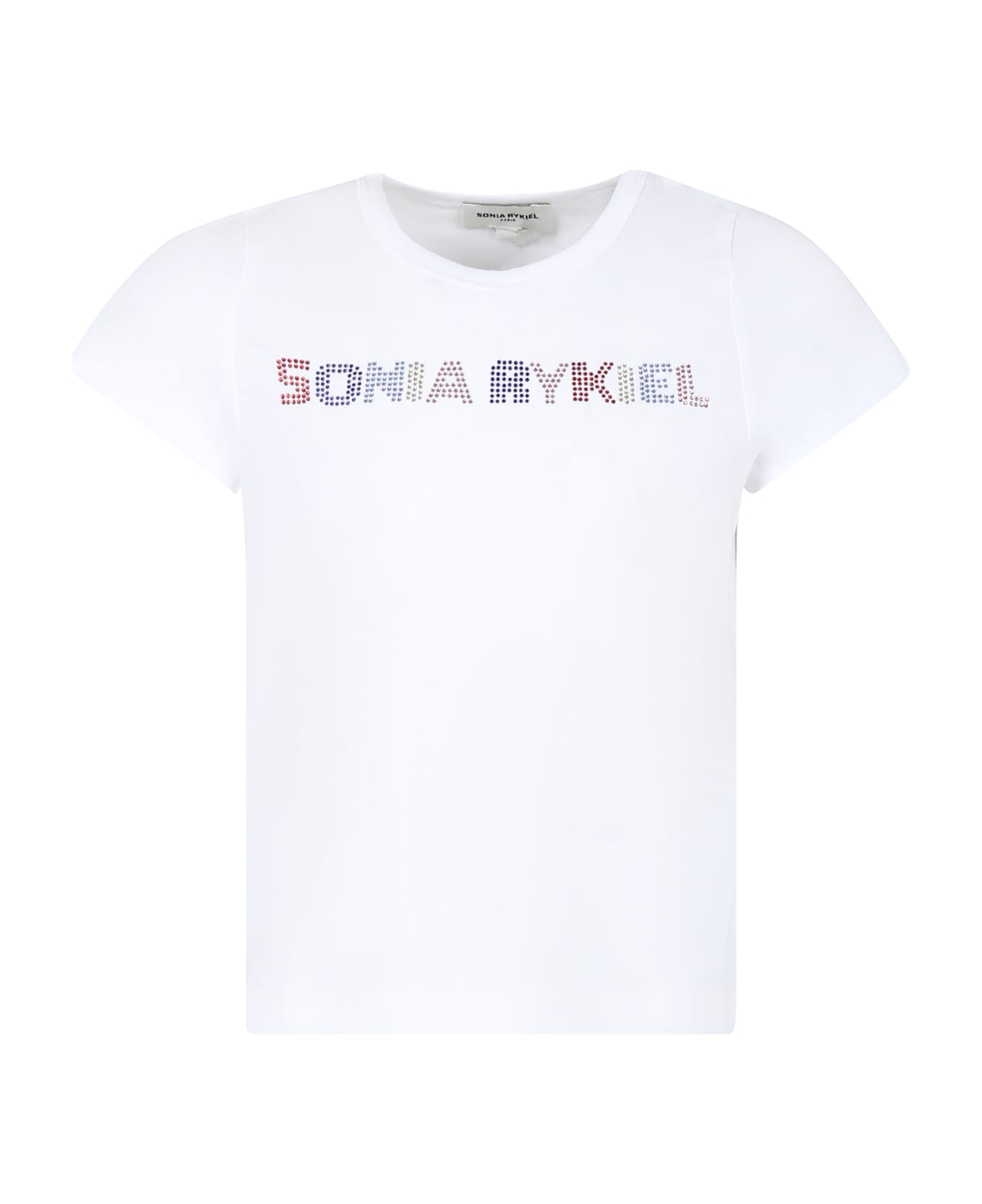 Rykiel Enfant White T-shirt For Girl With Logo And Rhinestone - White