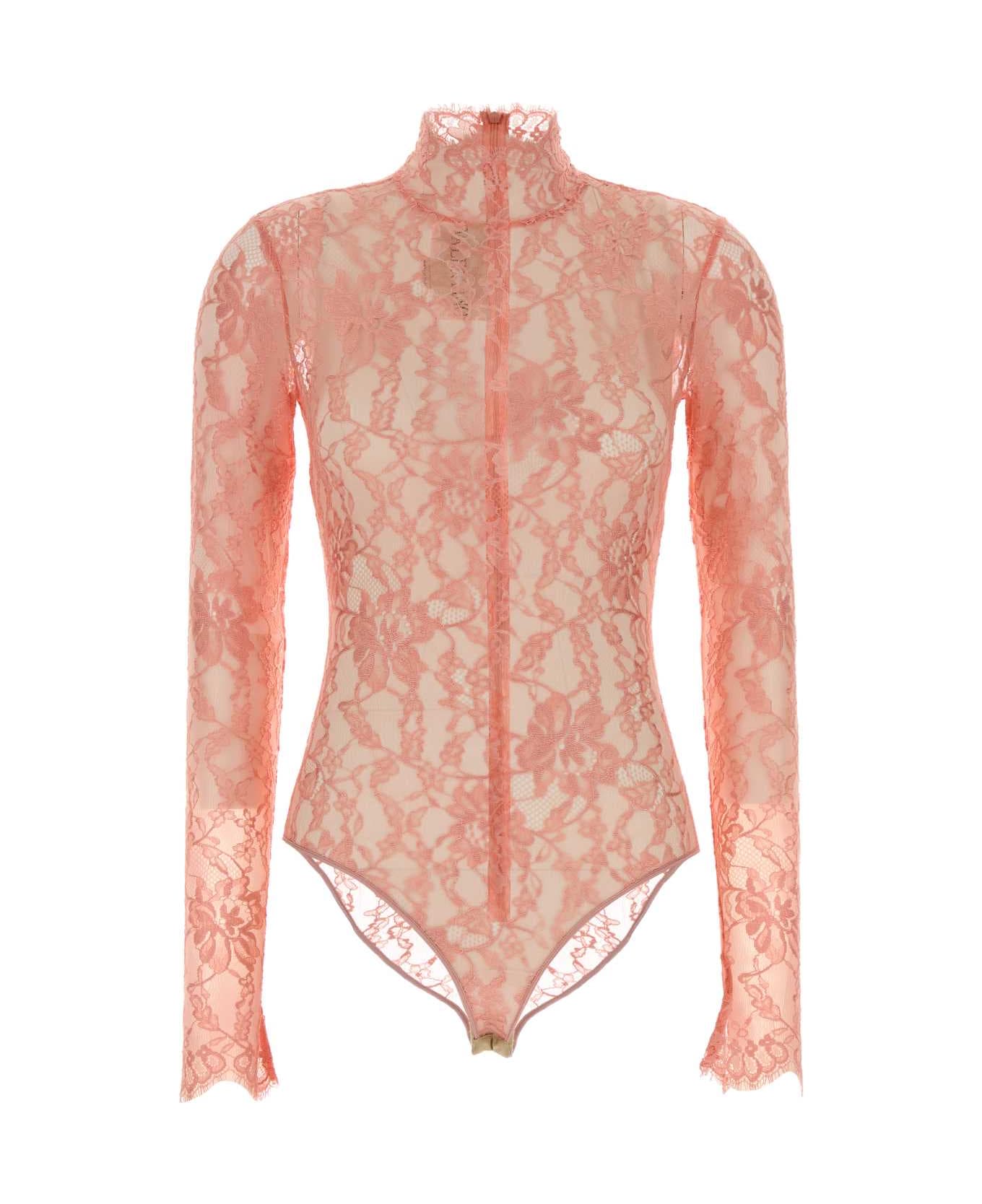 Valentino Garavani Salmon Stretch Lace Bodysuit - PEACHROSE