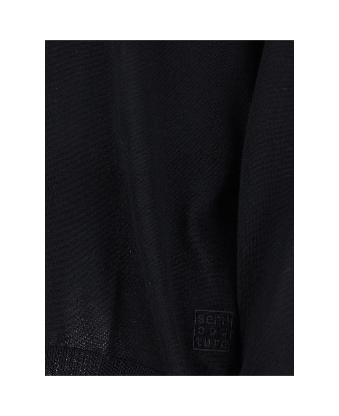 SEMICOUTURE Black Sweater With V-neck And Logo Embroidered On The Side In Virgin Wool Woman - Black