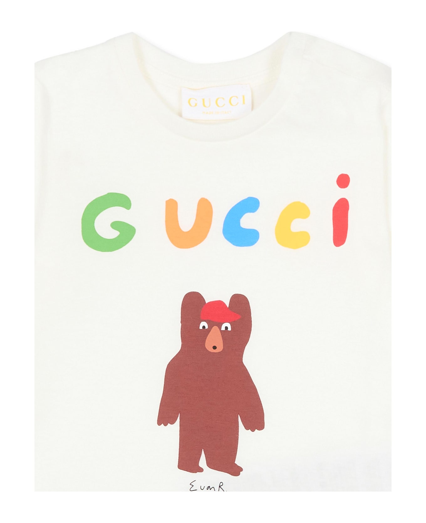 Gucci White T-shirt Fro Babykids With Bear Print - Ivory