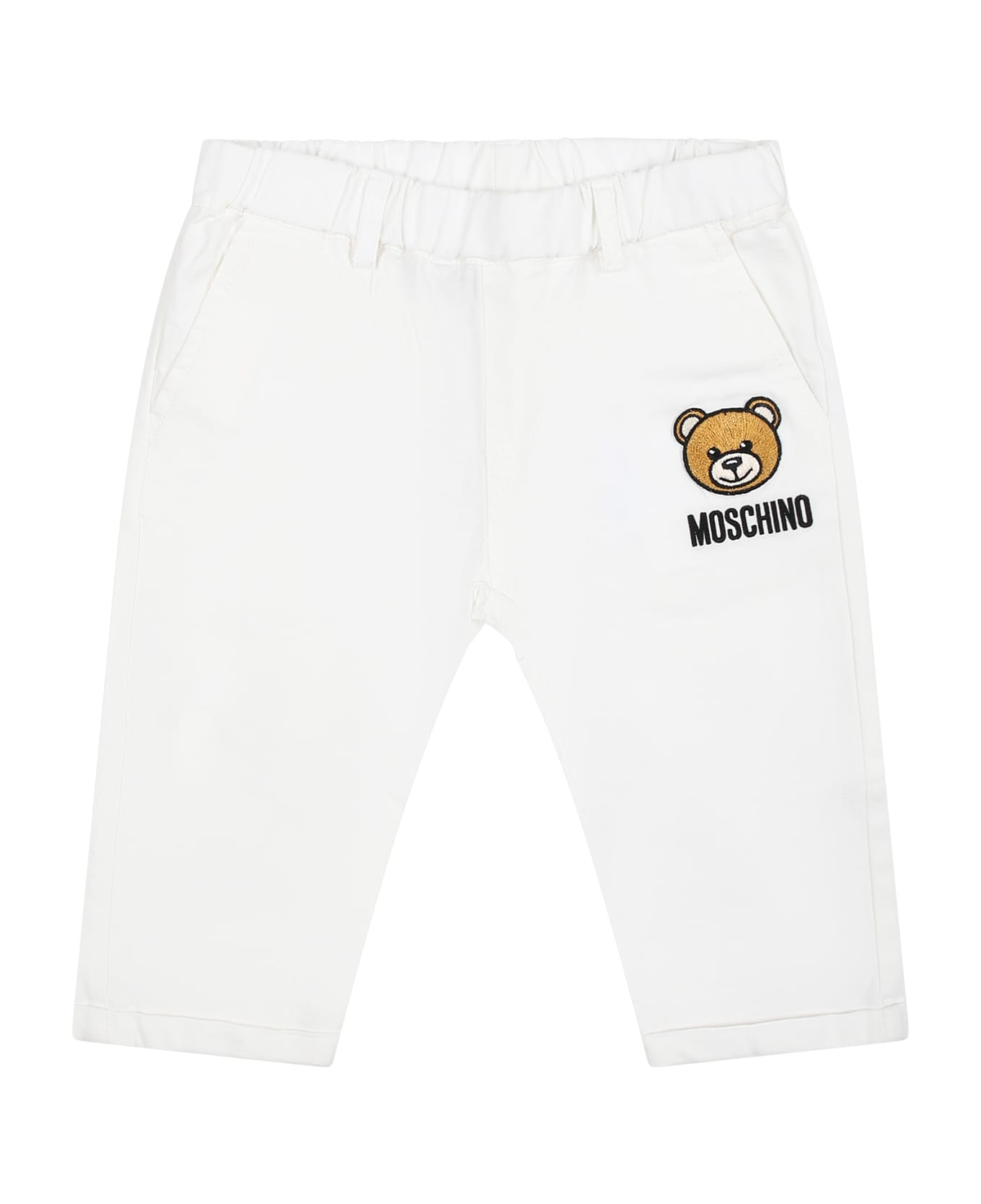 Moschino White Trousers For Baby Boy With Teddy Bear And Logo - White