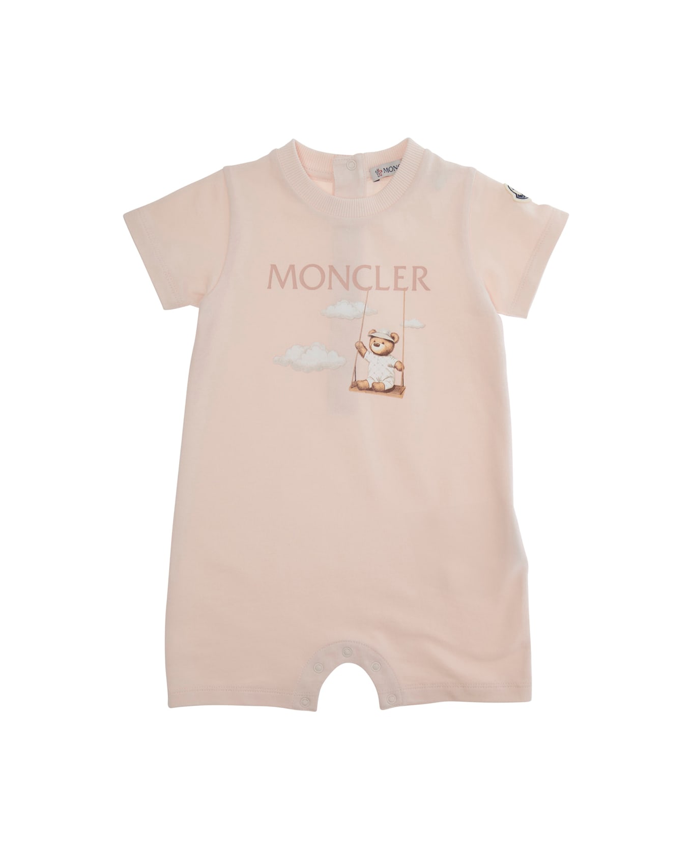 Moncler Pink Romper With Logo Patch On The Sleeve And Front Print In Cotton Baby - Pink
