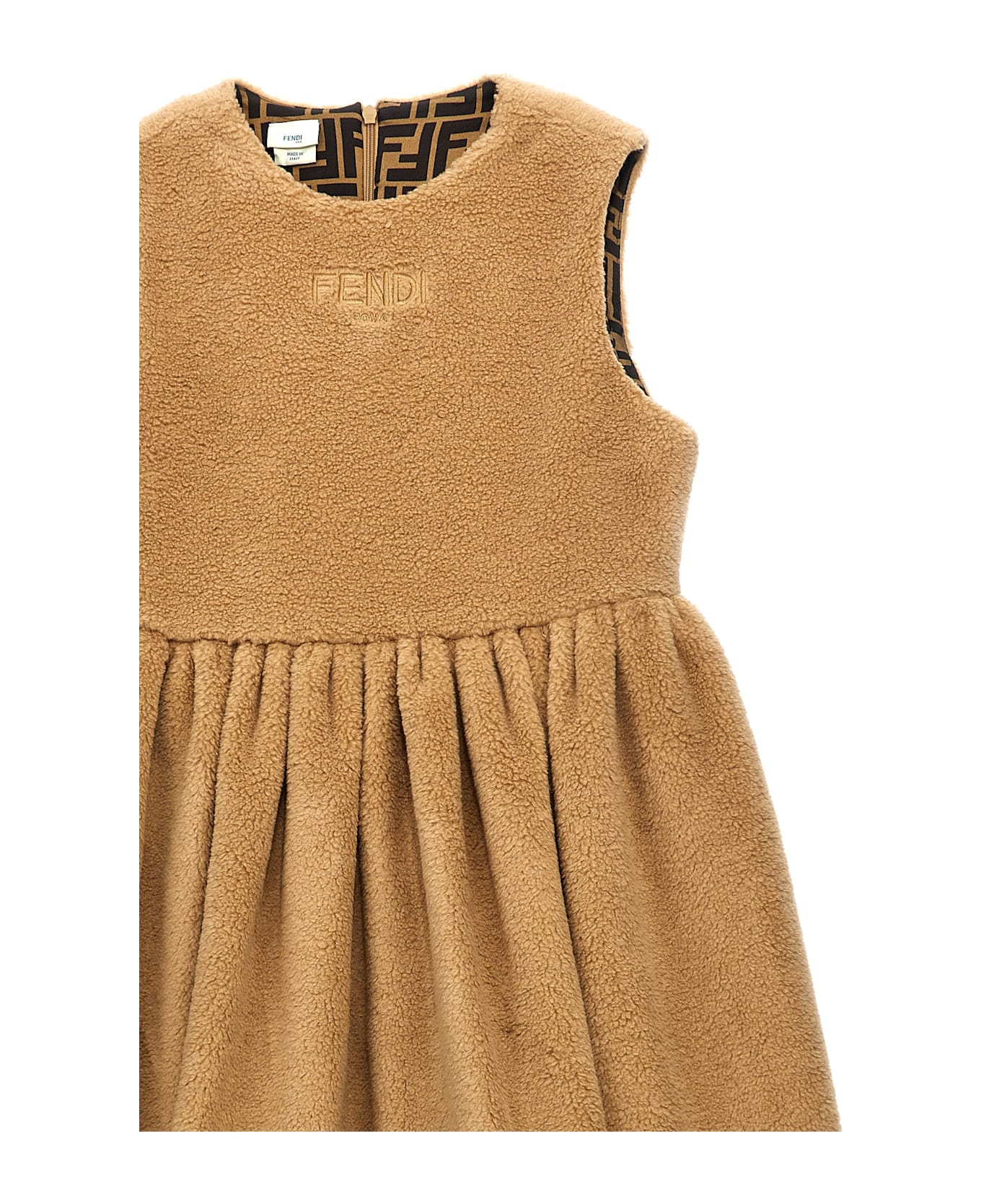 Fendi Faux Fur Logo Embroidery Dress - Beige