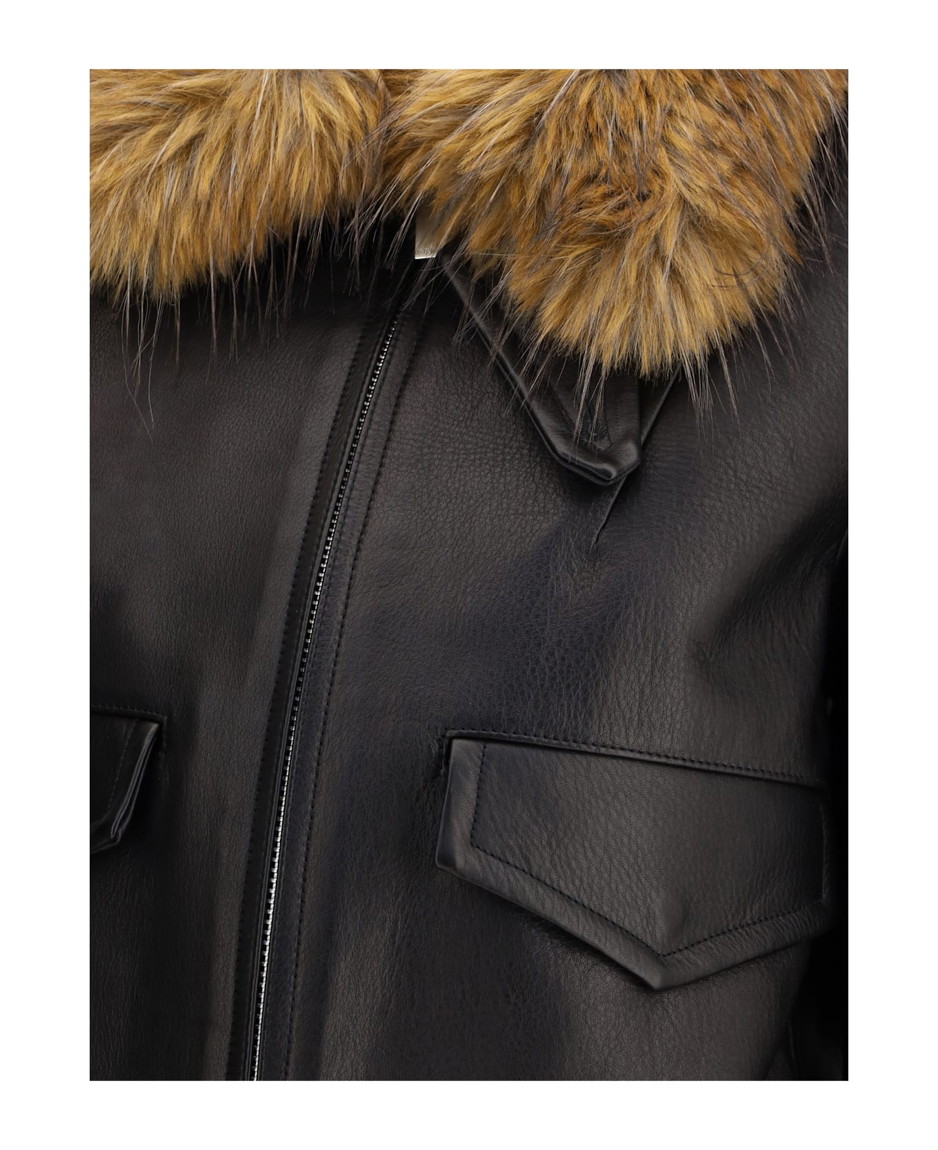Sacai Leather Jacket With A Plush Collar