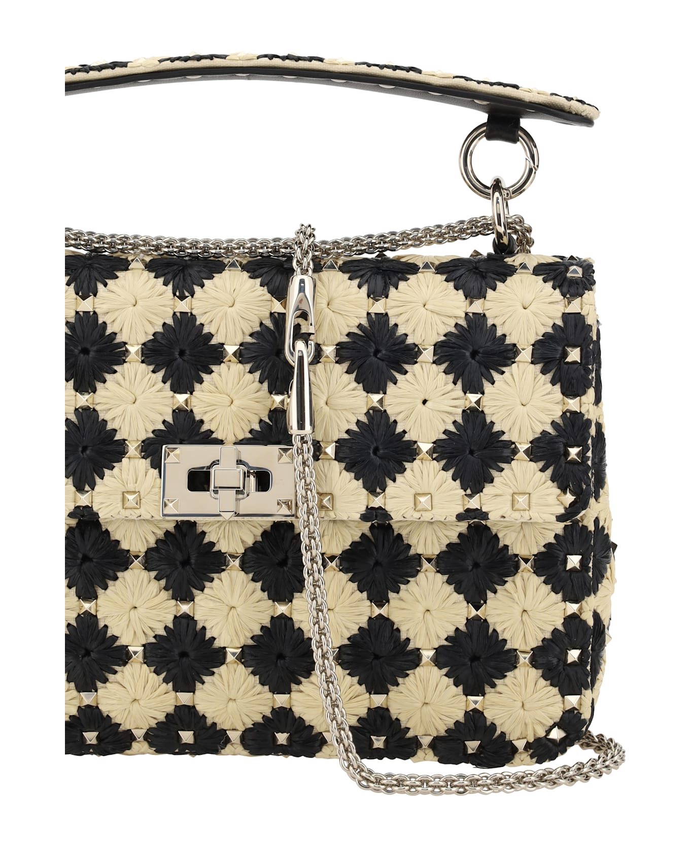 Valentino Garavani Two-tone Raffia Medium Rockstud Spike Handbag - Naturale/nero