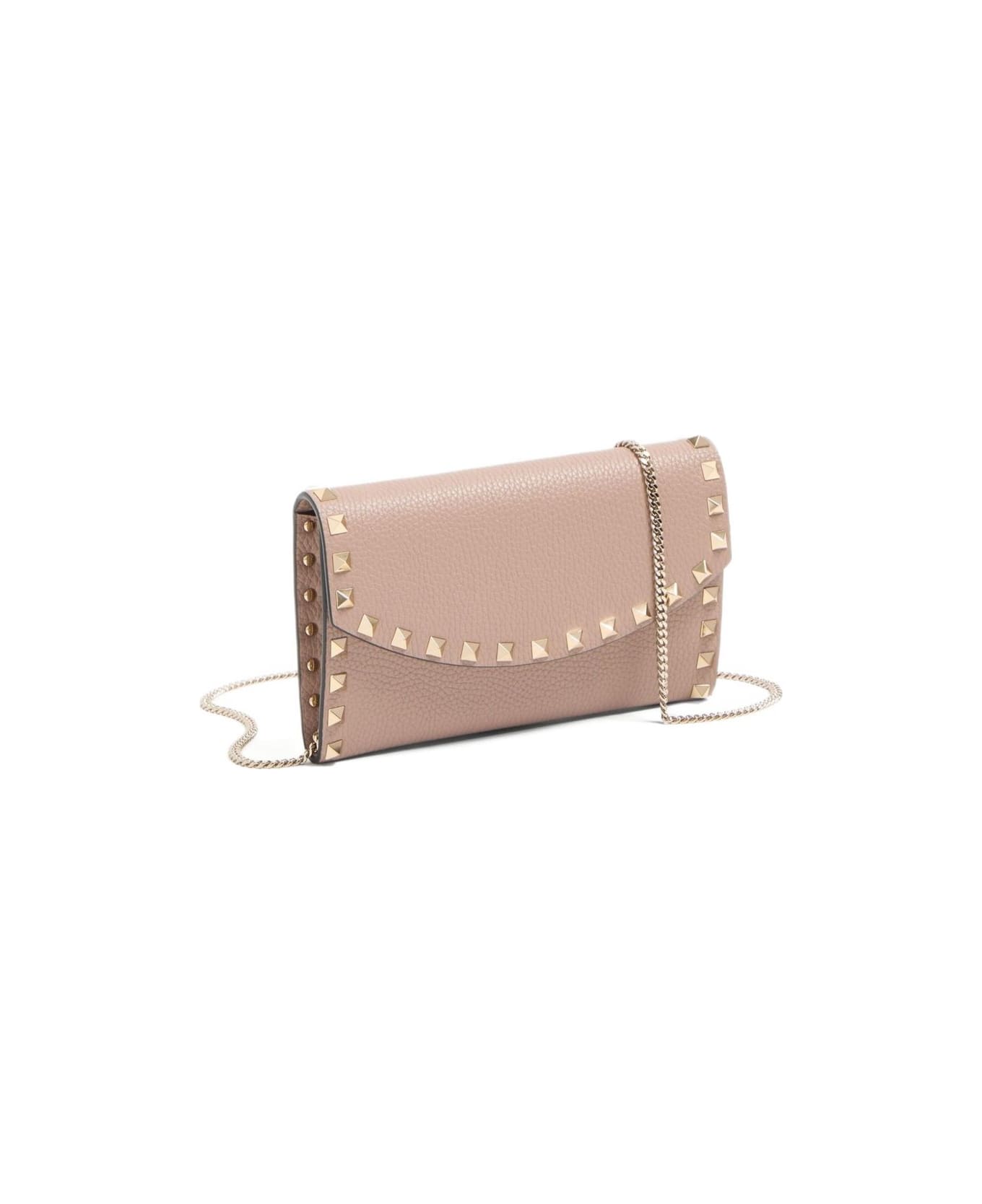 Valentino Garavani Rockstud Leather Wallet On Chain - Powder