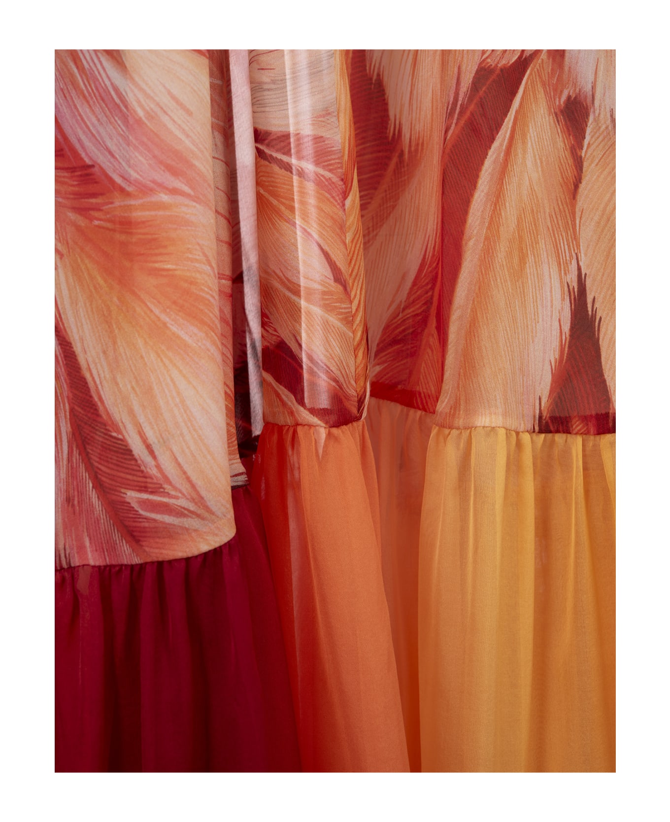 Roberto Cavalli Long Sleeveless Silk Dress With Orange Plumage Print - Orange