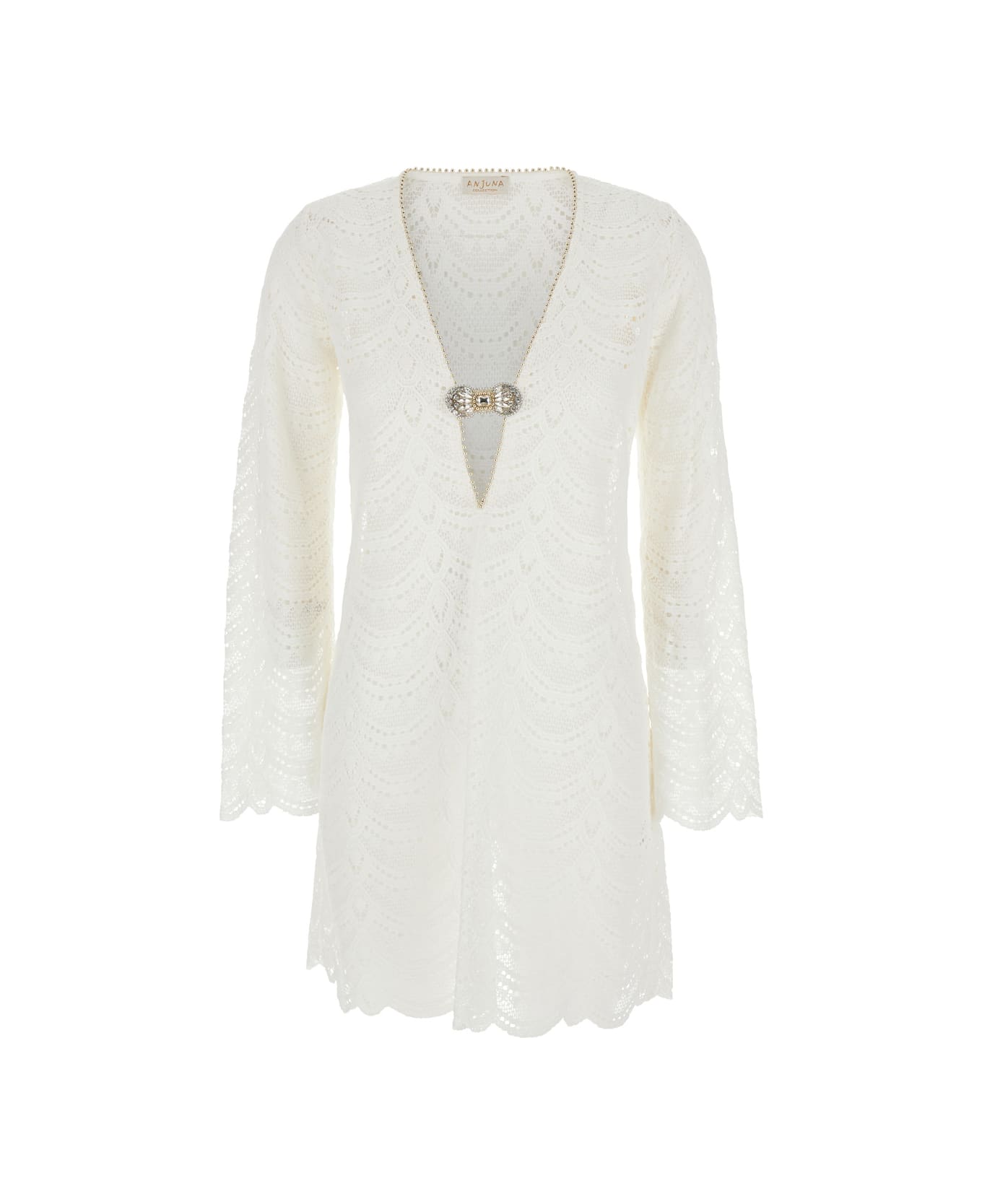 Anjuna White Dress With V Neck And Jewel Detail On The Front In Cotton Woman - White