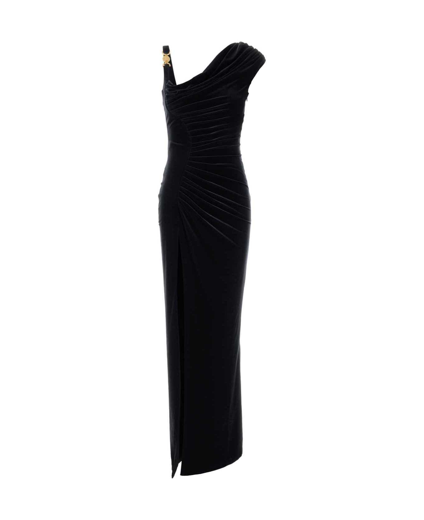 Versace Midnight Blue Stretch Velvet Long Dress - BLACK