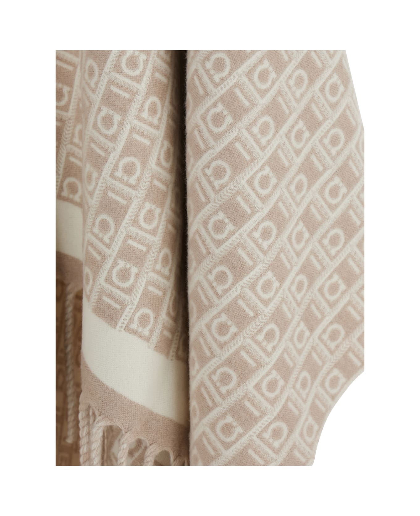 Ferragamo Beige Crewneck Cape With Fringed Hem And All-over Gancini Embroidery In Wool Woman - Beige