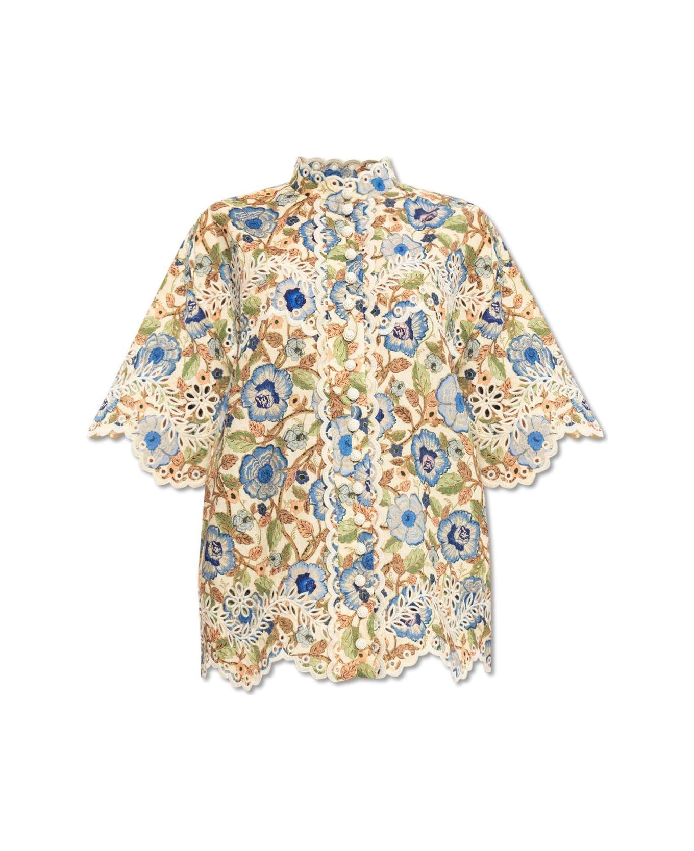 Zimmermann Junie Embroidered Short-sleeved Shirt - Ivobf Ivory Blue Floral シャツ