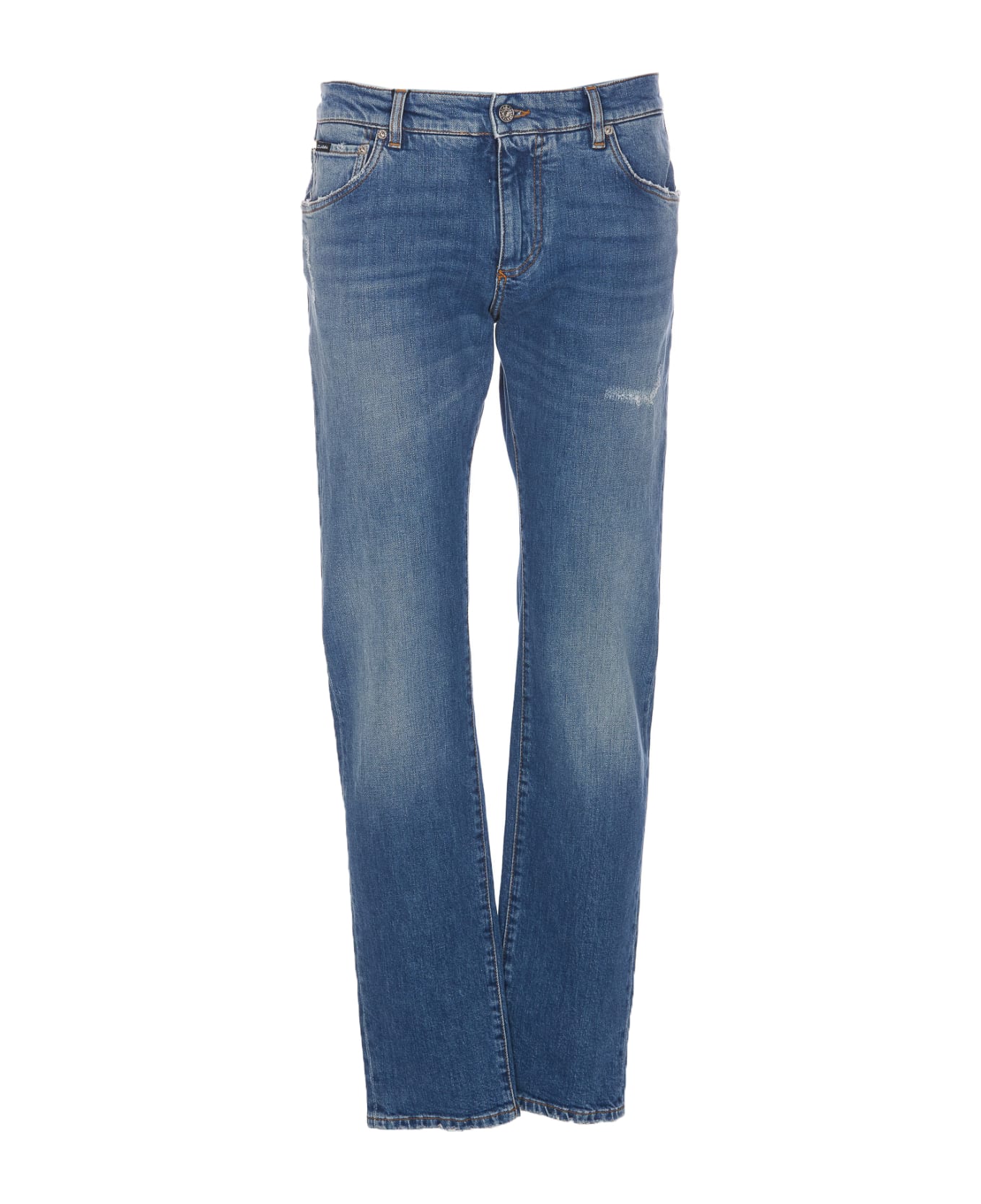Dolce & Gabbana Five-pockets Slim Jeans With Logo Plaque In Stretch Cotton Denim - Blu