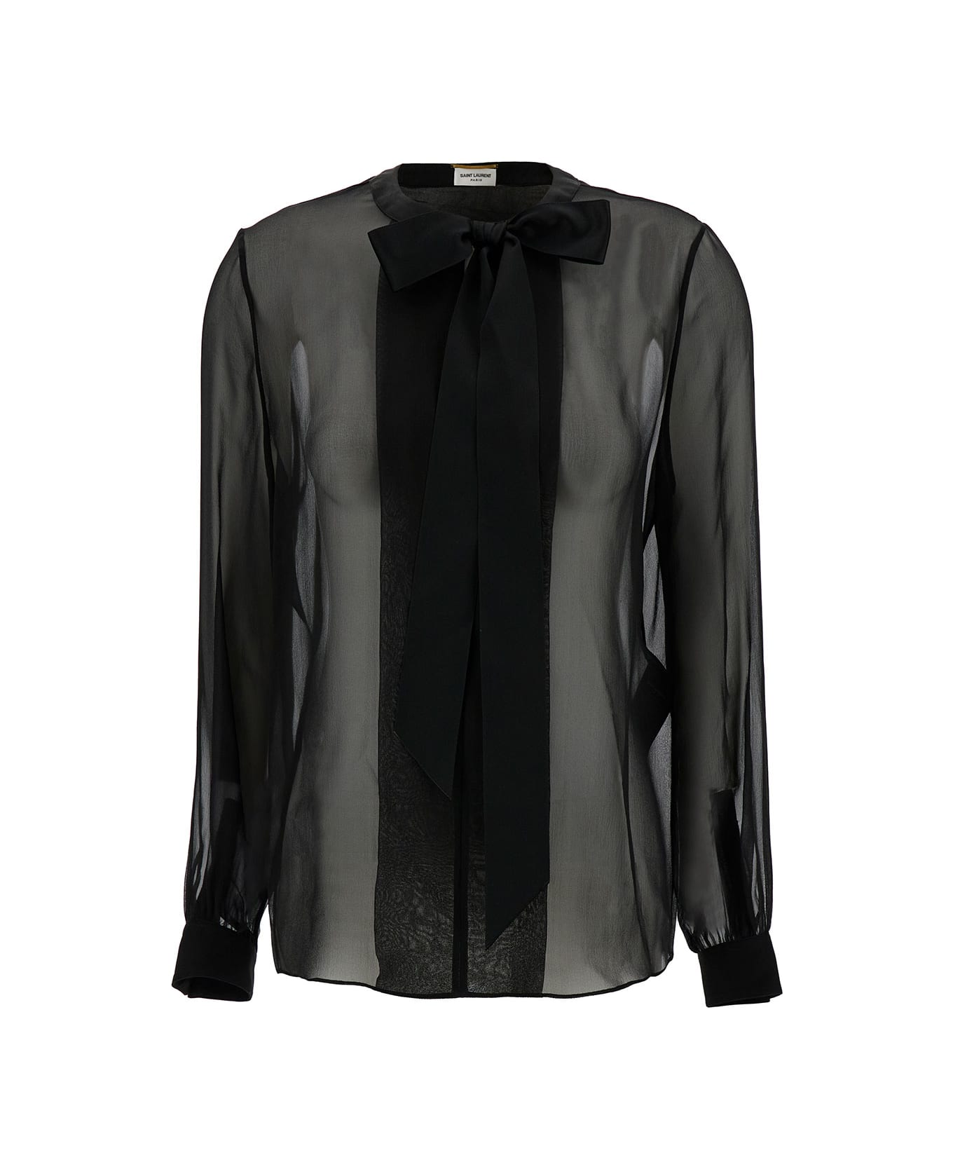 Saint Laurent Black Shirt With Bow Detail In Semi-sheer Silk Woman - Black ブラウス