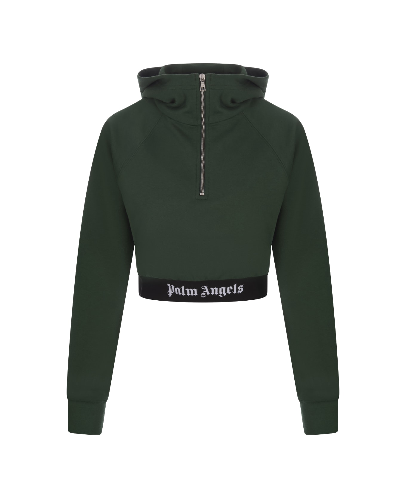 Palm Angels Green Crop Zip-up Hoodie With Logo Band - Green