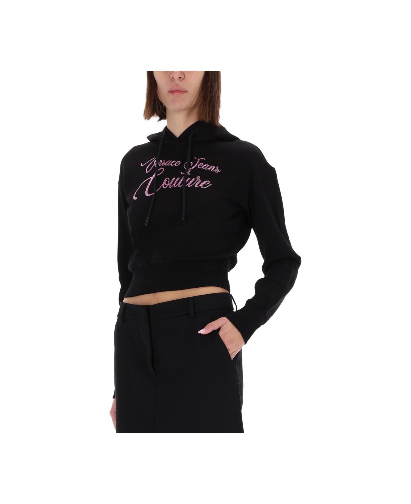 Versace Jeans Couture Cropped Sweatshirt With Logo - BLACK