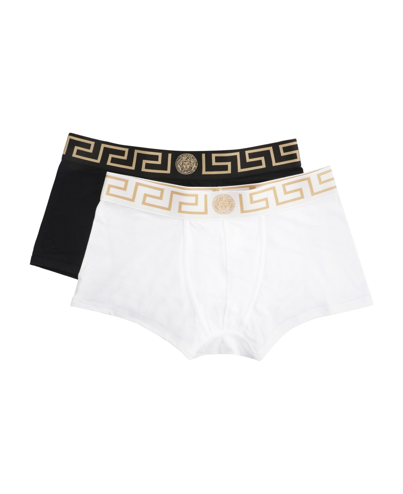 Versace Set Of Two Cotton Boxers With Logoed Elastic Band - BLACKWHITEBLACKGOLD