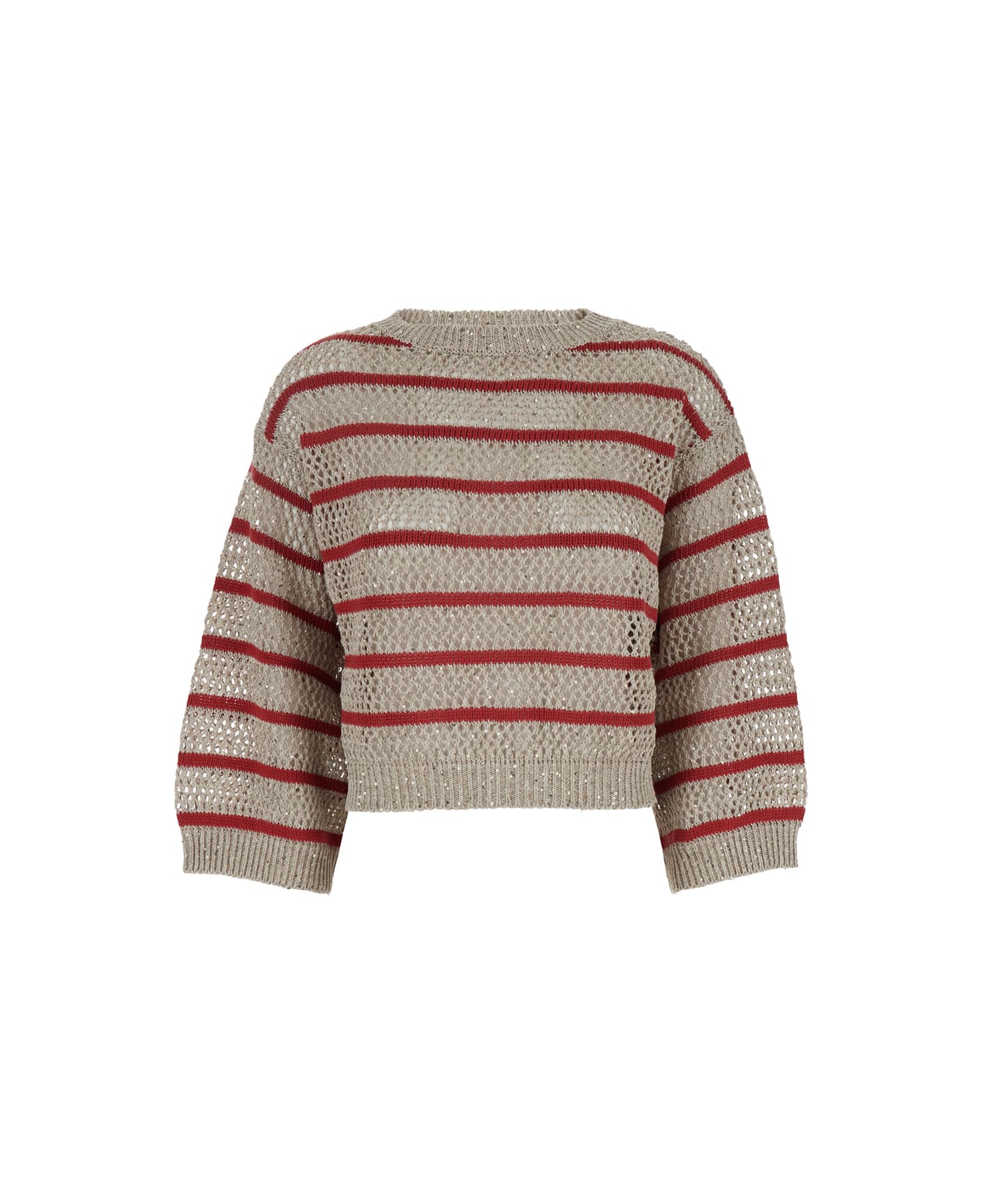 'dazzling Striped' Beige Sweater With Stripe Motid And Openwork Design In Linen Woman - Thumbnail 2