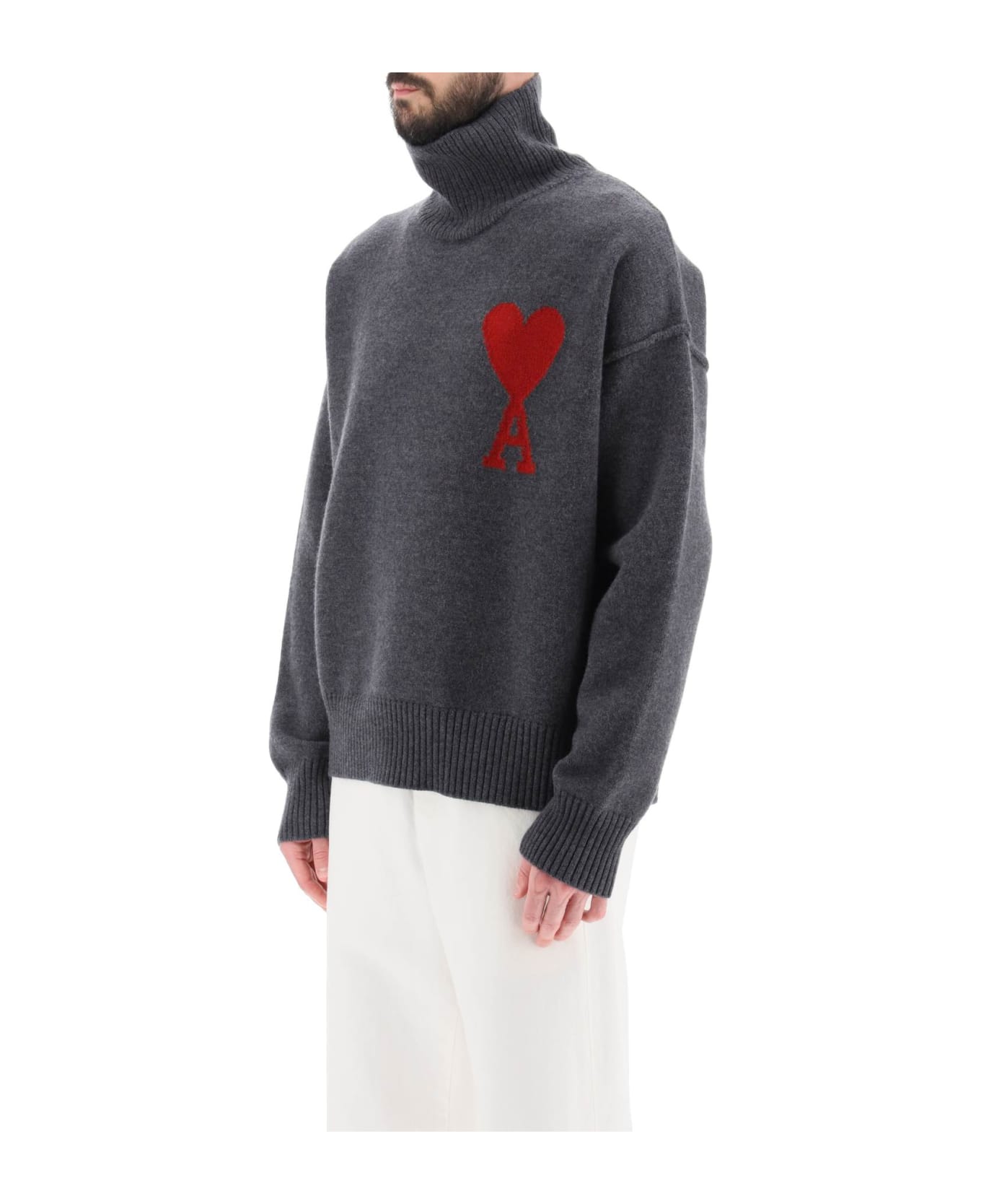 Ami Alexandre Mattiussi Ami De Coeur Wool Turtleneck Sweater - GREY/RED