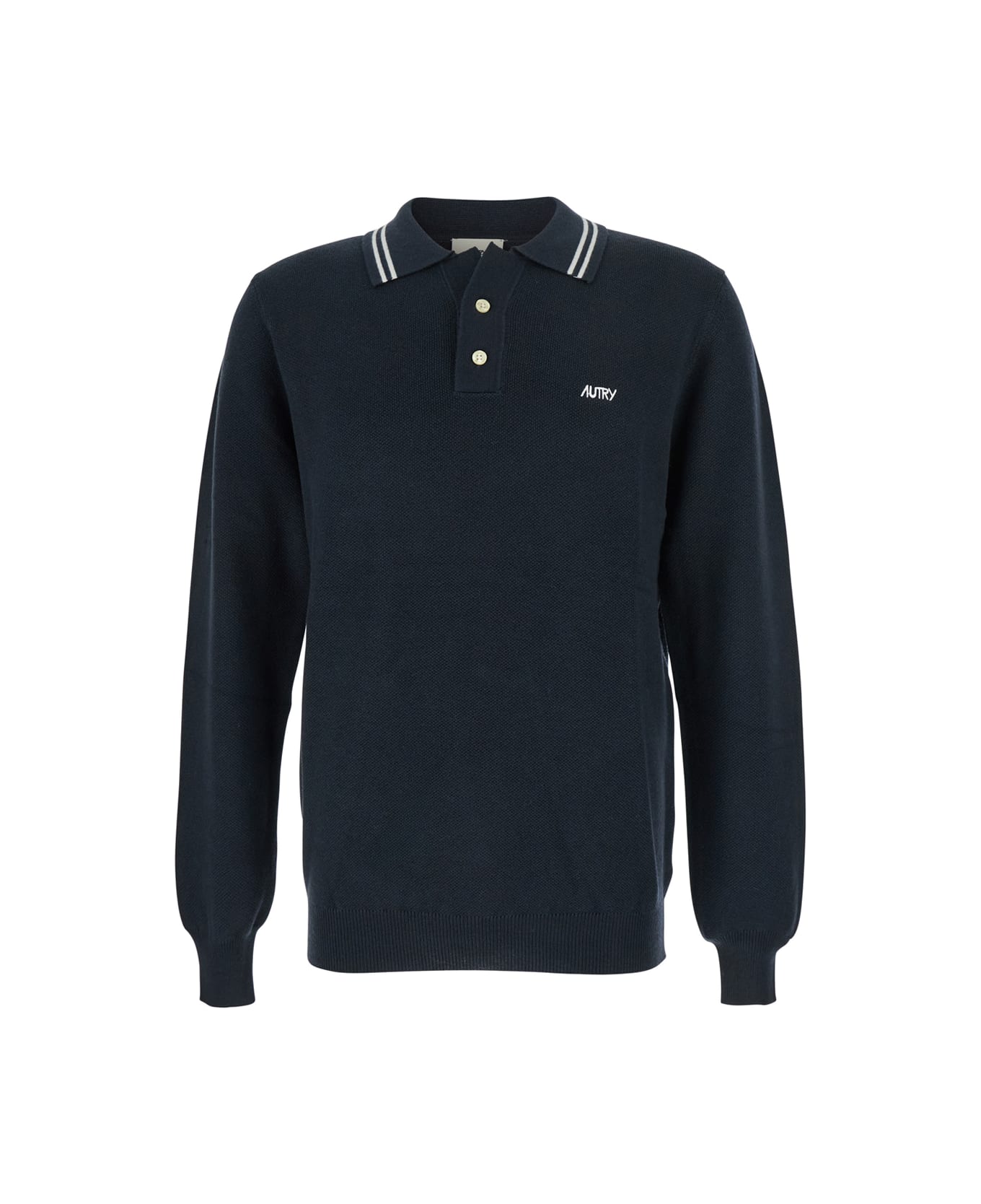 Autry Blue Long-sleeve Polo Shirt With Striped Collar And Logo Lettering Embroidery On The Front In Wool And Cotton Blend Man - Blu