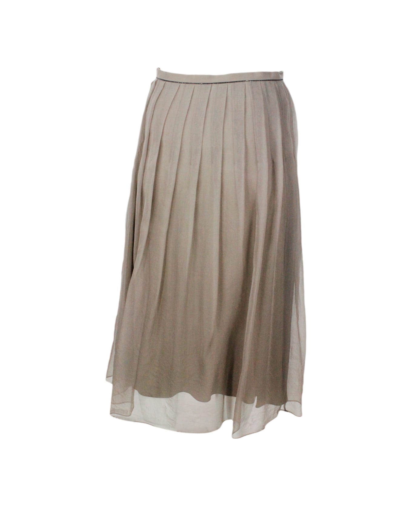 Brunello Cucinelli Long Pleated Skirt Made Of Fine Silk With Underlying Lining. Side Zip Closure And Shiny Jewel On The Strap - Nut