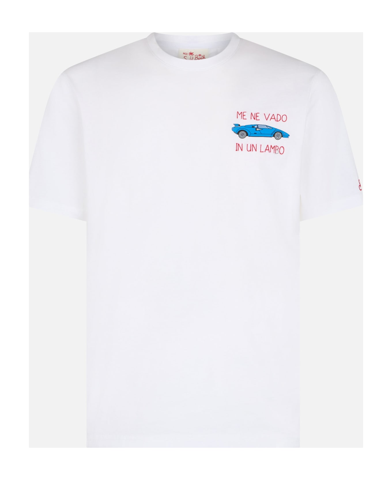MC2 Saint Barth Man Cotton T-shirt With Me Ne Vado In Un Lambo Embroidery And Car Placed Print - WHITE