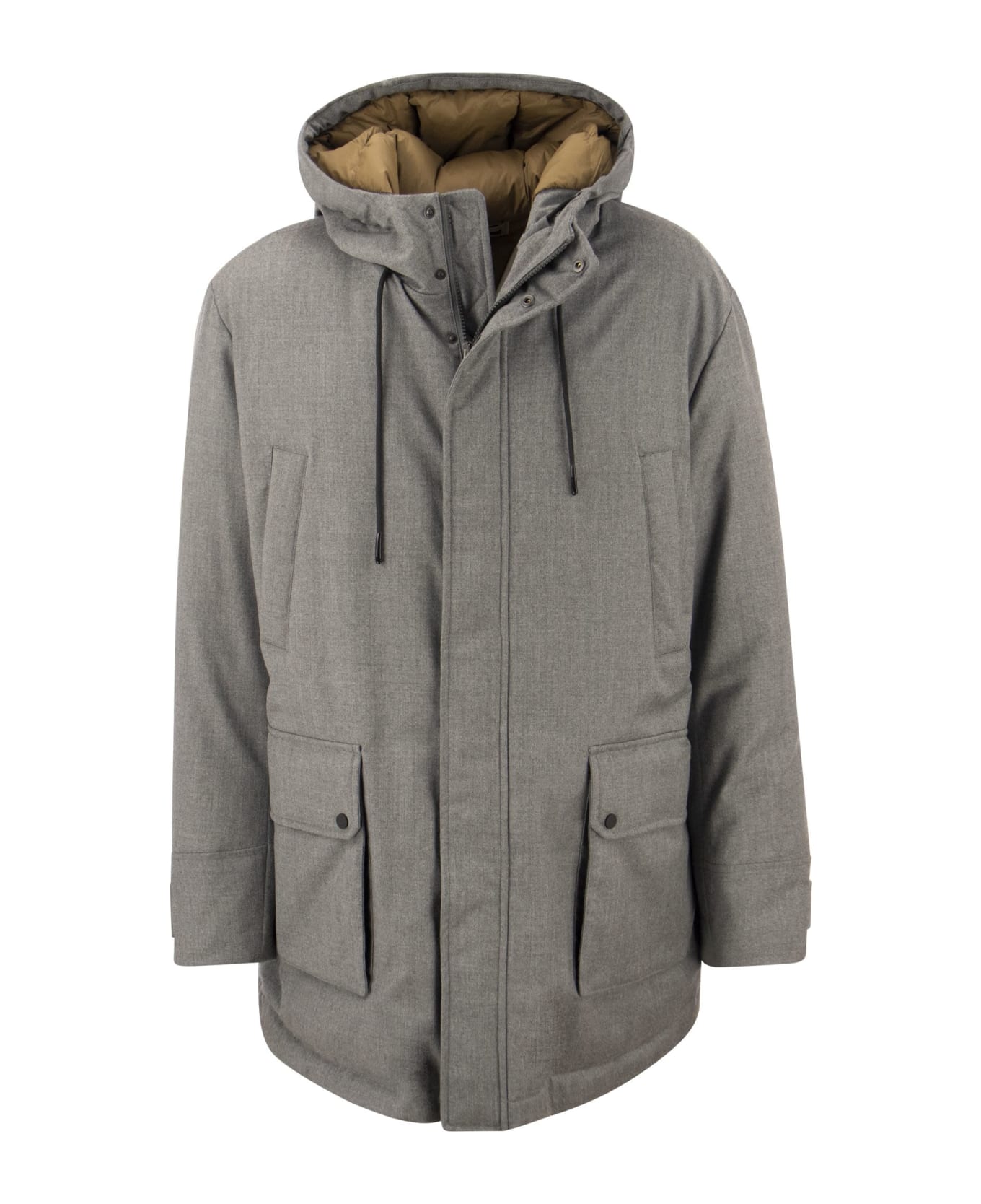Peserico Long Down Jacket In Soft Technical Pure Wool Flannel - Grey