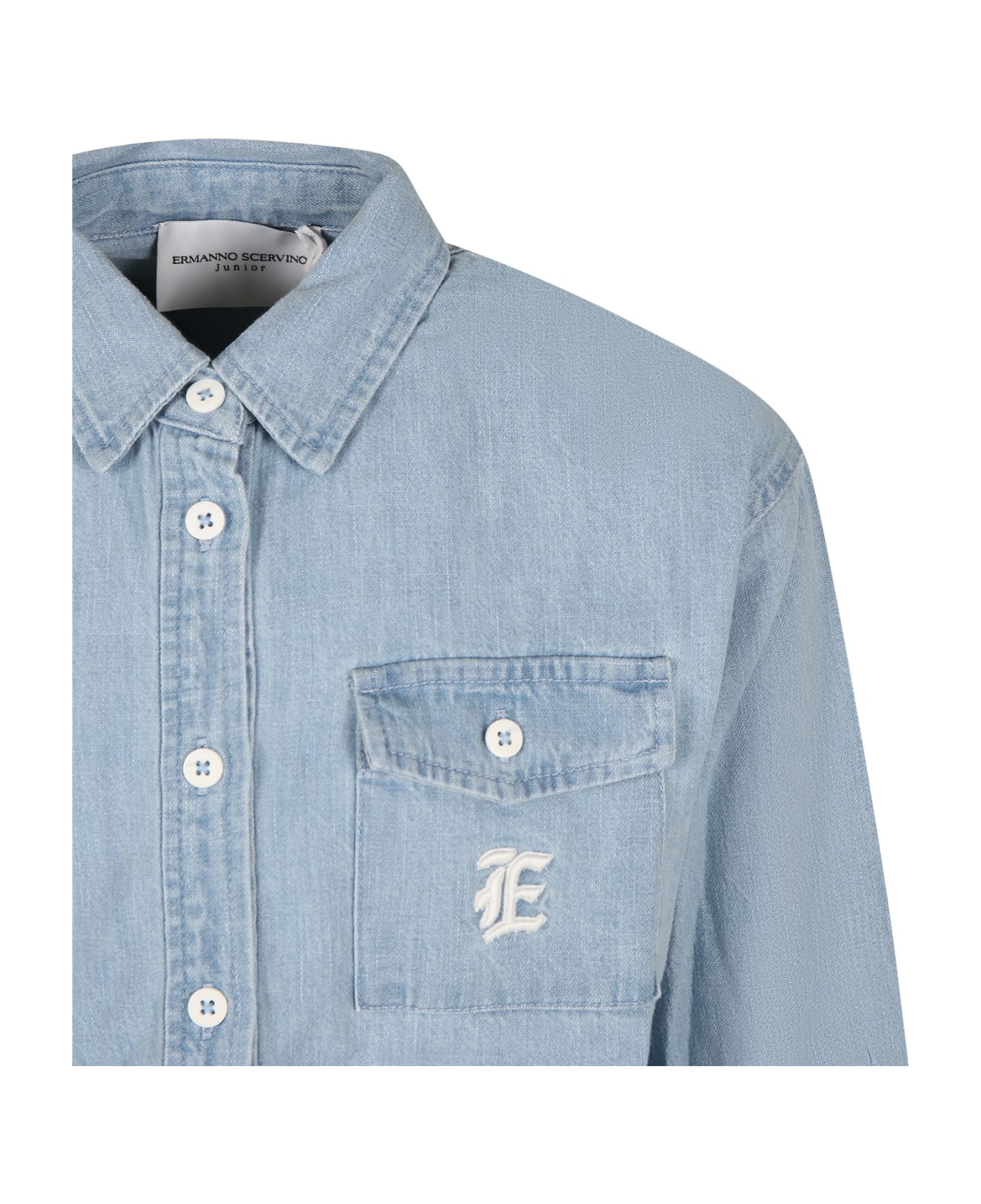Ermanno Scervino Junior Blue Shirt For Girl With Embroidery And Logo - Denim シャツ