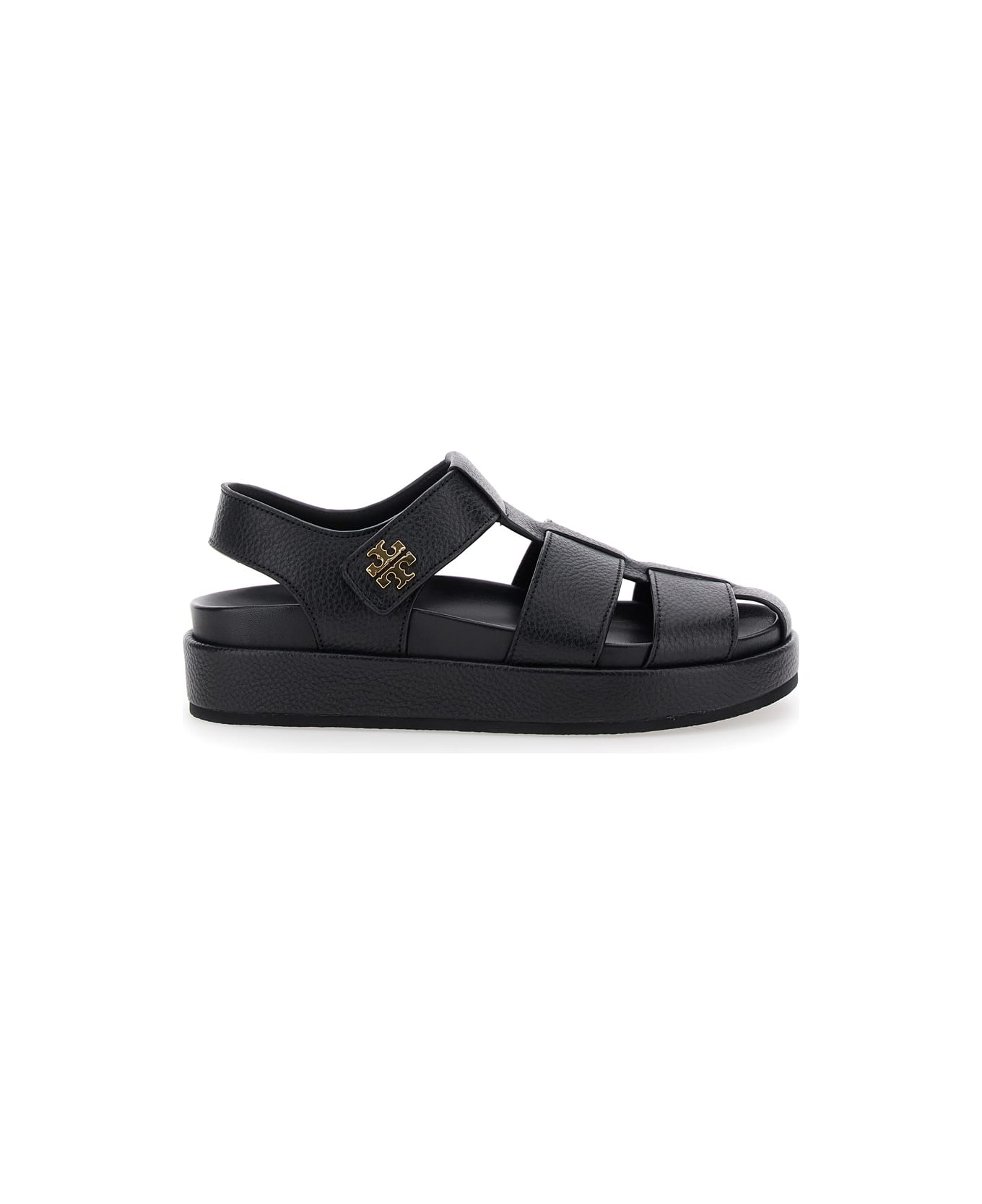 Tory Burch 'kira' Black Sandals With Logo Plaque In Grained Leather Woman - Black