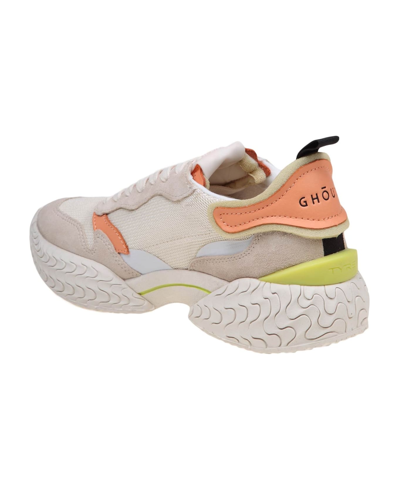 GHOUD Tyre Low Sneakers In Suede And Fabric - LEAT/MESH CREAM/GRN