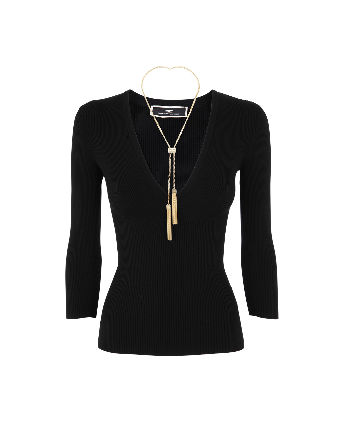 Elisabetta Franchi Ribbed V-neck Shirt With Chain - Black