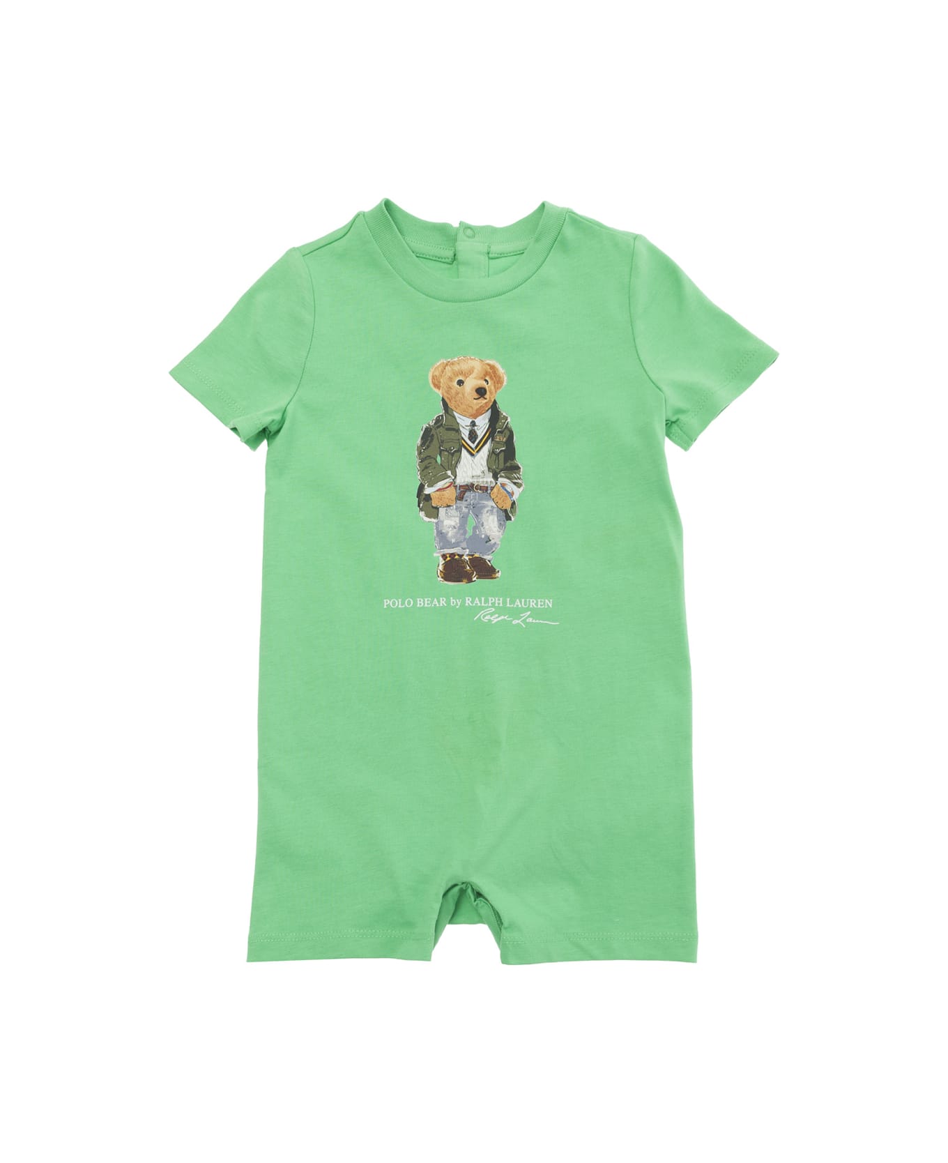 Polo Ralph Lauren Green Romper With Polo Bear Print In Cotton Baby - Green