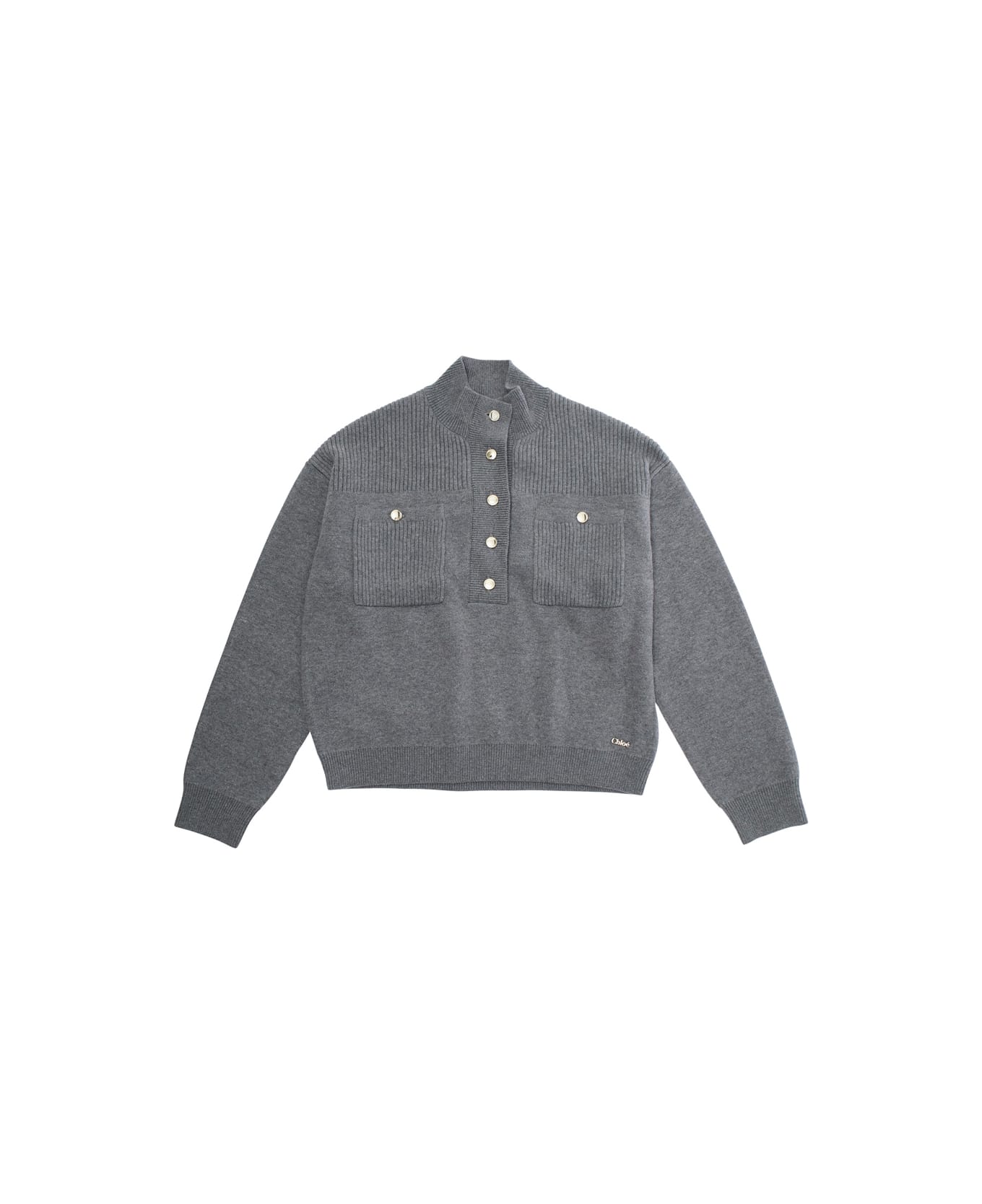 Chloé Grey Sweater With High Neck And Logo Lettering On The Front In Cotton Blend Girl - Grey