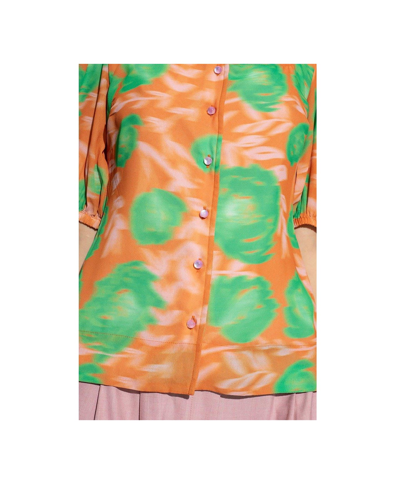 Ganni Floral-printed Button-up Crepe Blouse - Orange