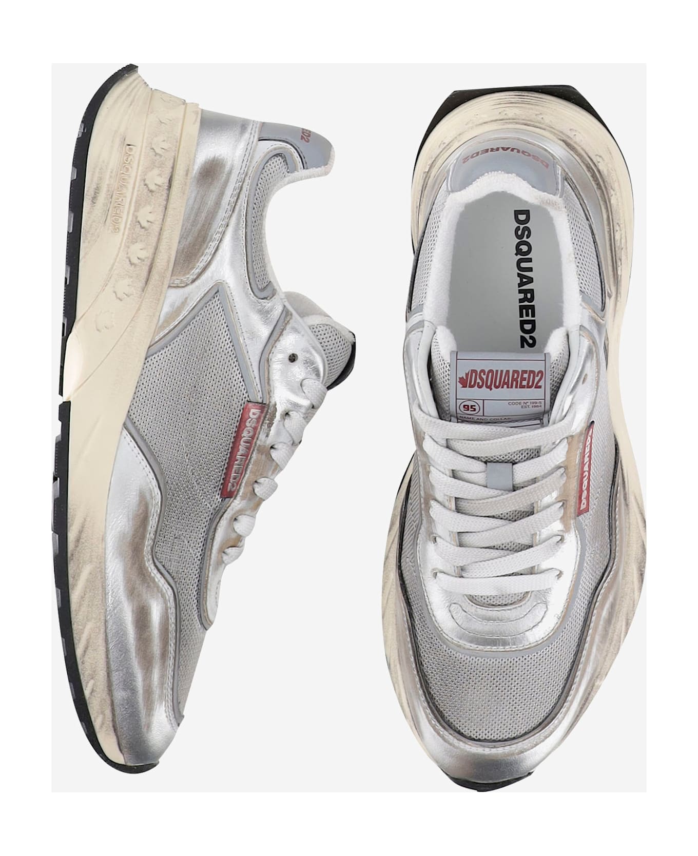 Dsquared2 Mesh And Leather Sneakers With Logo - Silver