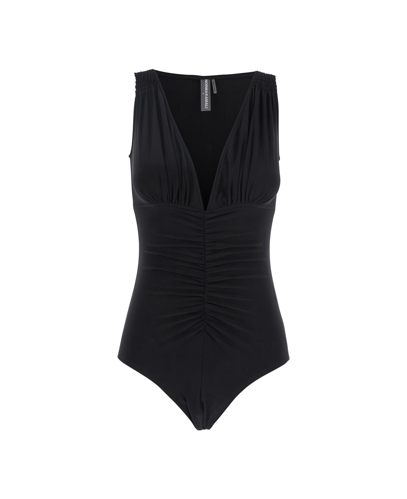 Norma Kamali 
tara
 Black Top With V-neck And Ruffle Details In Tech Fabric Woman - Black