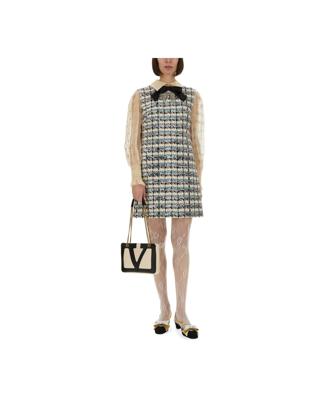 Valentino Embroidered Tweed Dress - BEIGE