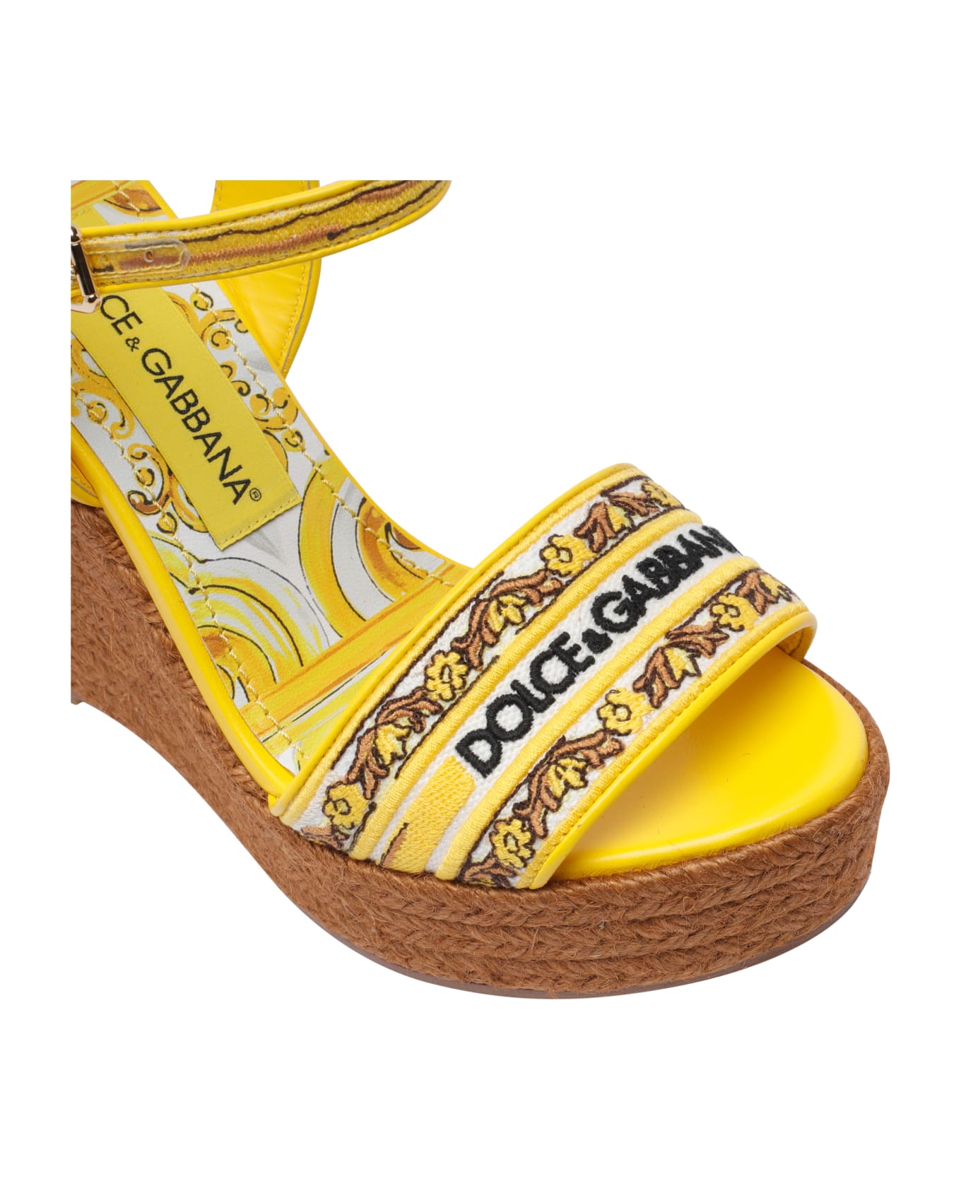 Dolce 
Gabbana Maiolica Print Logo Charmeuse Wedged Sandals - Yellow