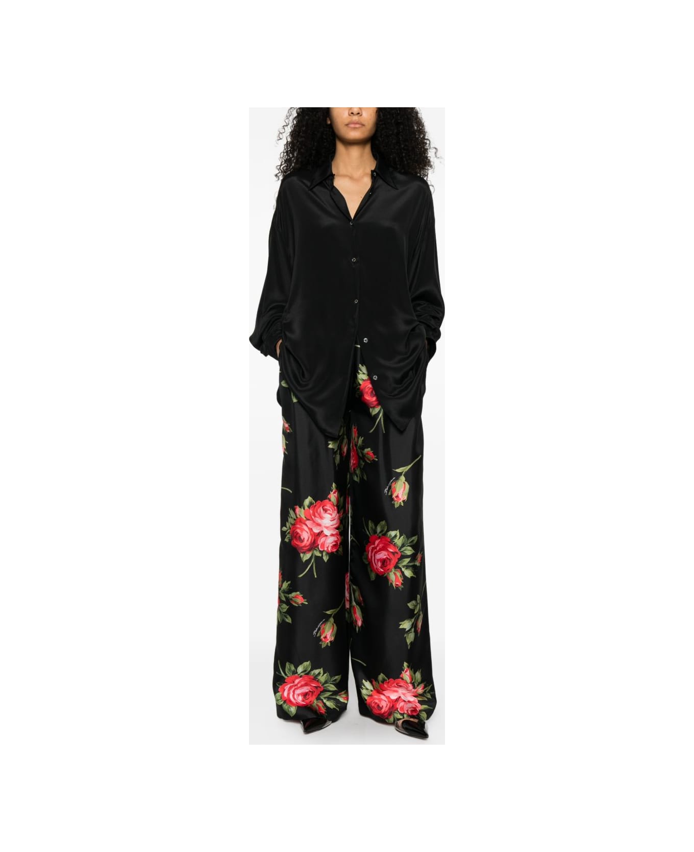 Dolce & Gabbana Roses Bouquet Print Silk Trousers - Black