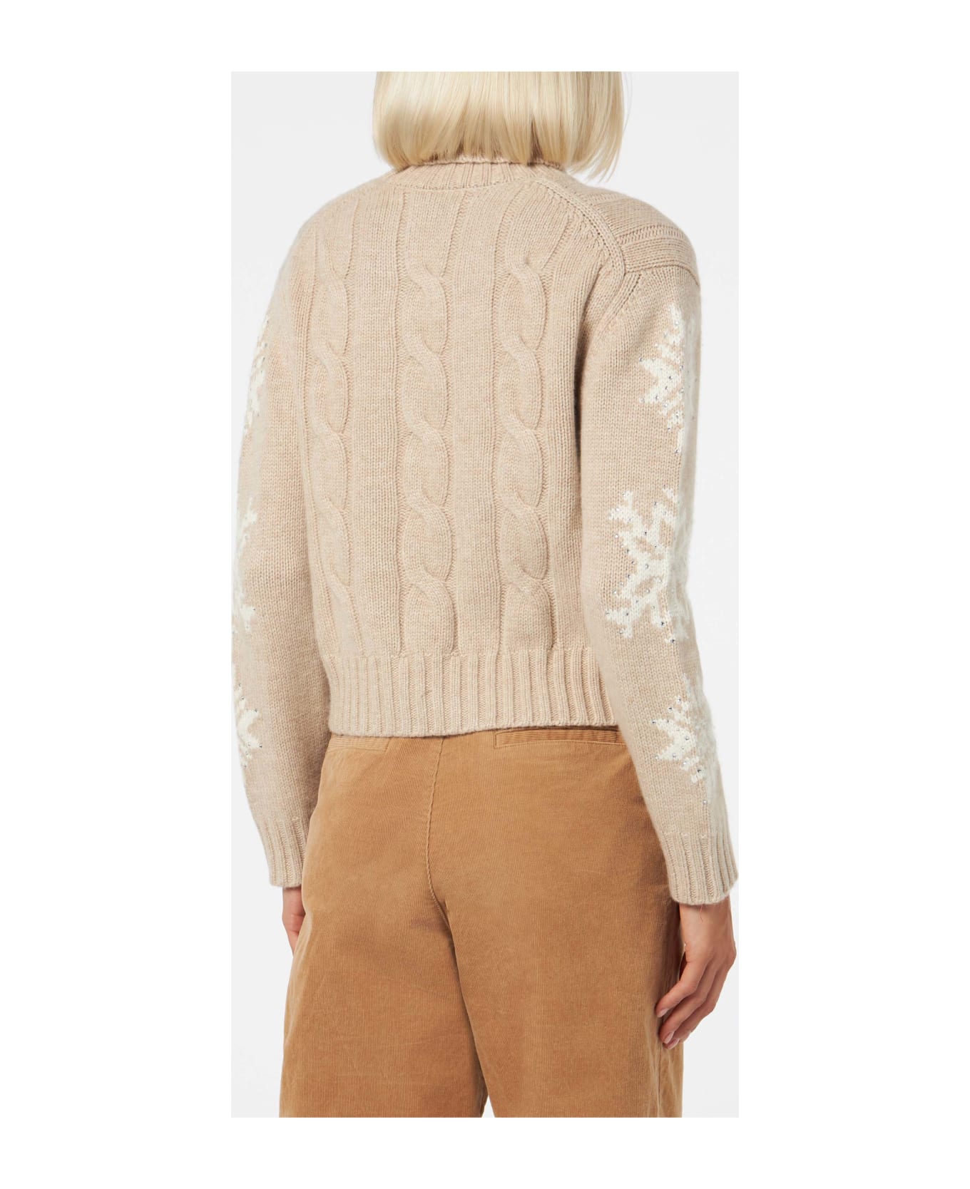 MC2 Saint Barth Woman Turtleneck Braided Sweater With Snowflake Rhinestones - BROWN