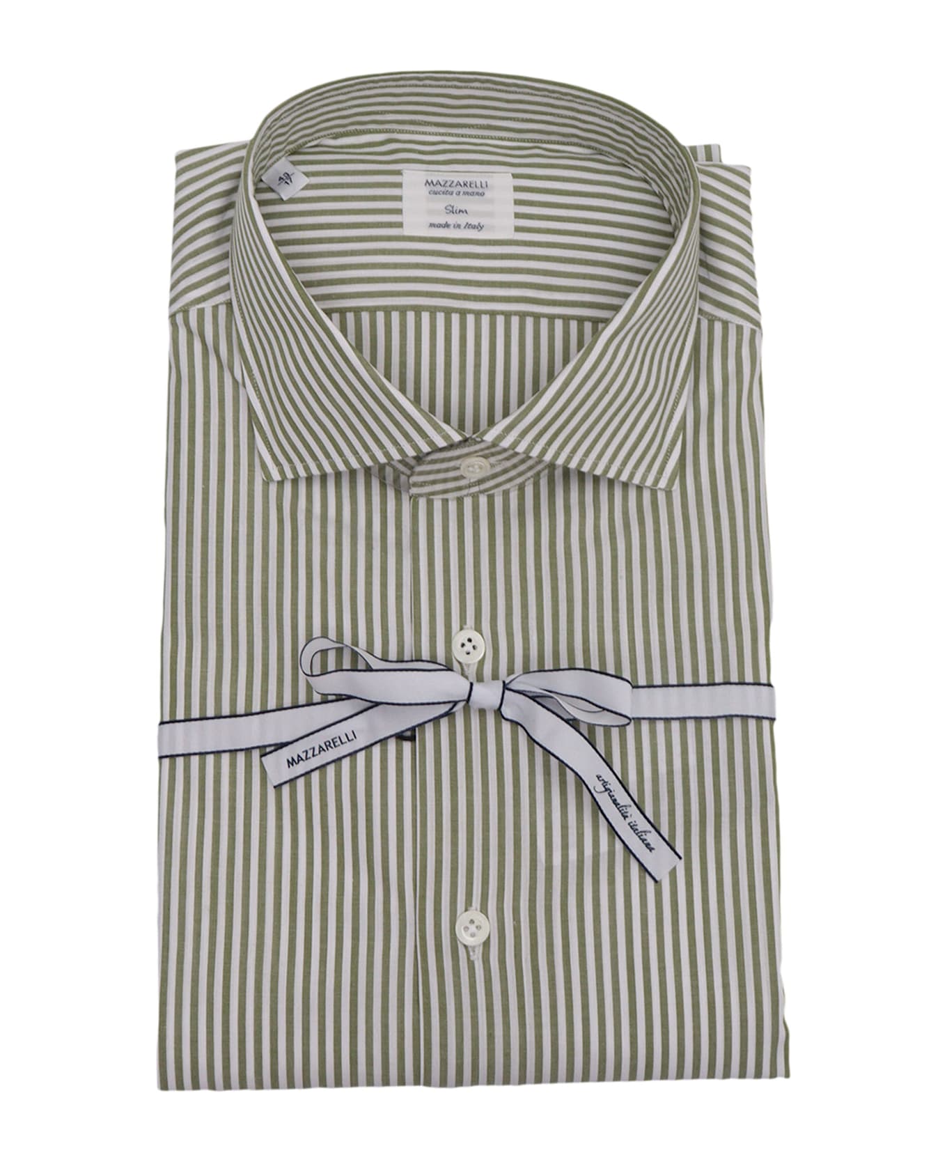 Mazzarelli 100% Cotton Striped Slim Fit Shirt In Green And White - GREEN