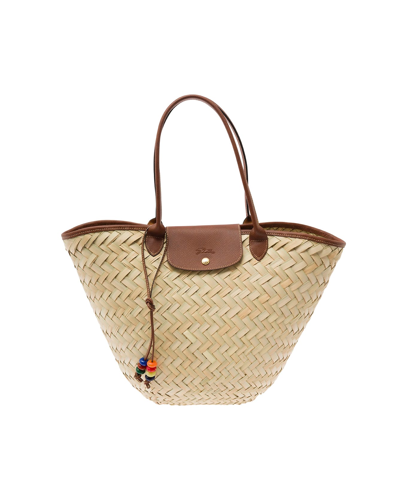 Longchamp 'xl Le Panier' Beige Tote Bag With Beads Strap In Straw Woman - Beige トートバッグ
