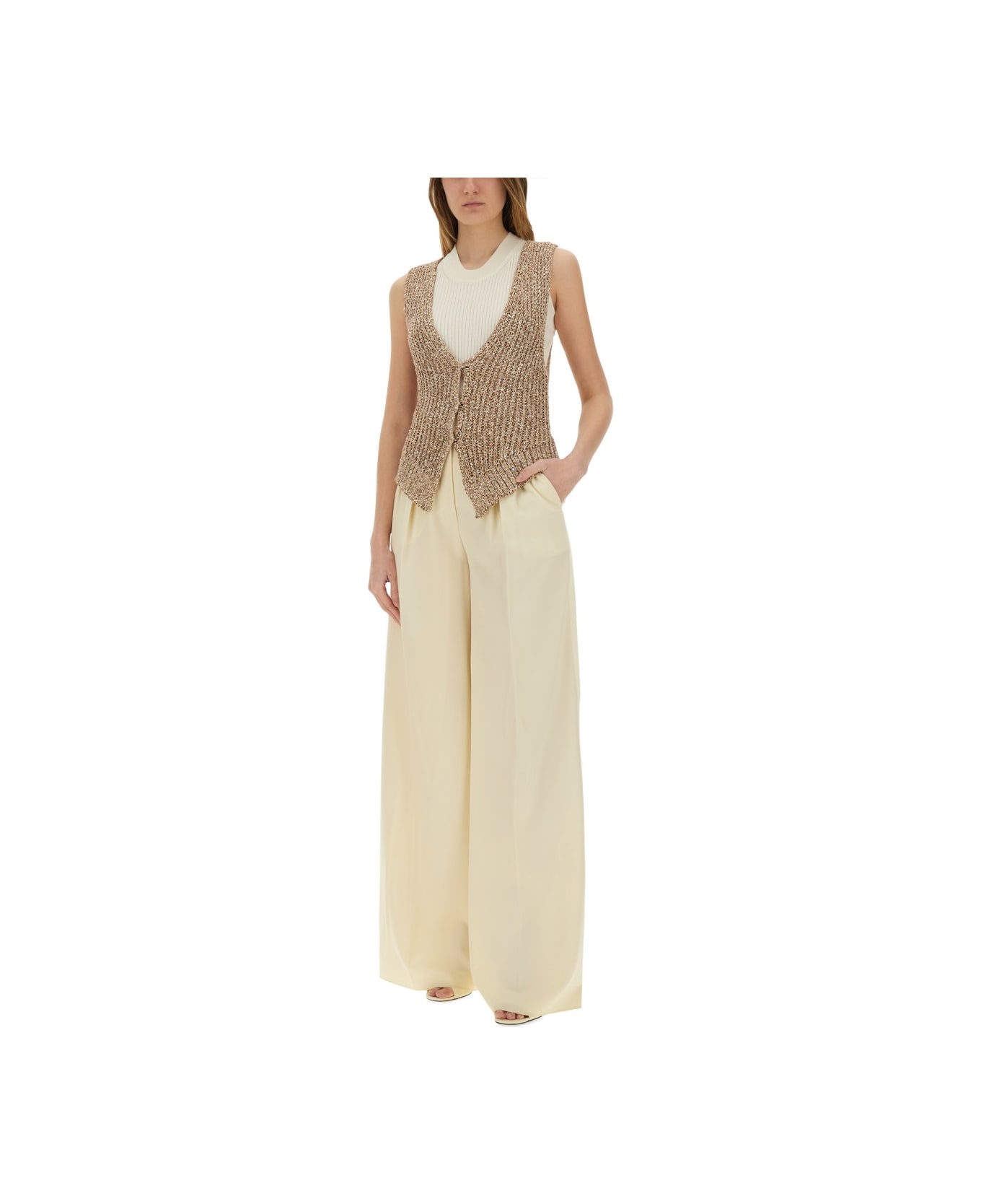 Alysi Tricot Vest With Sequins - BEIGE