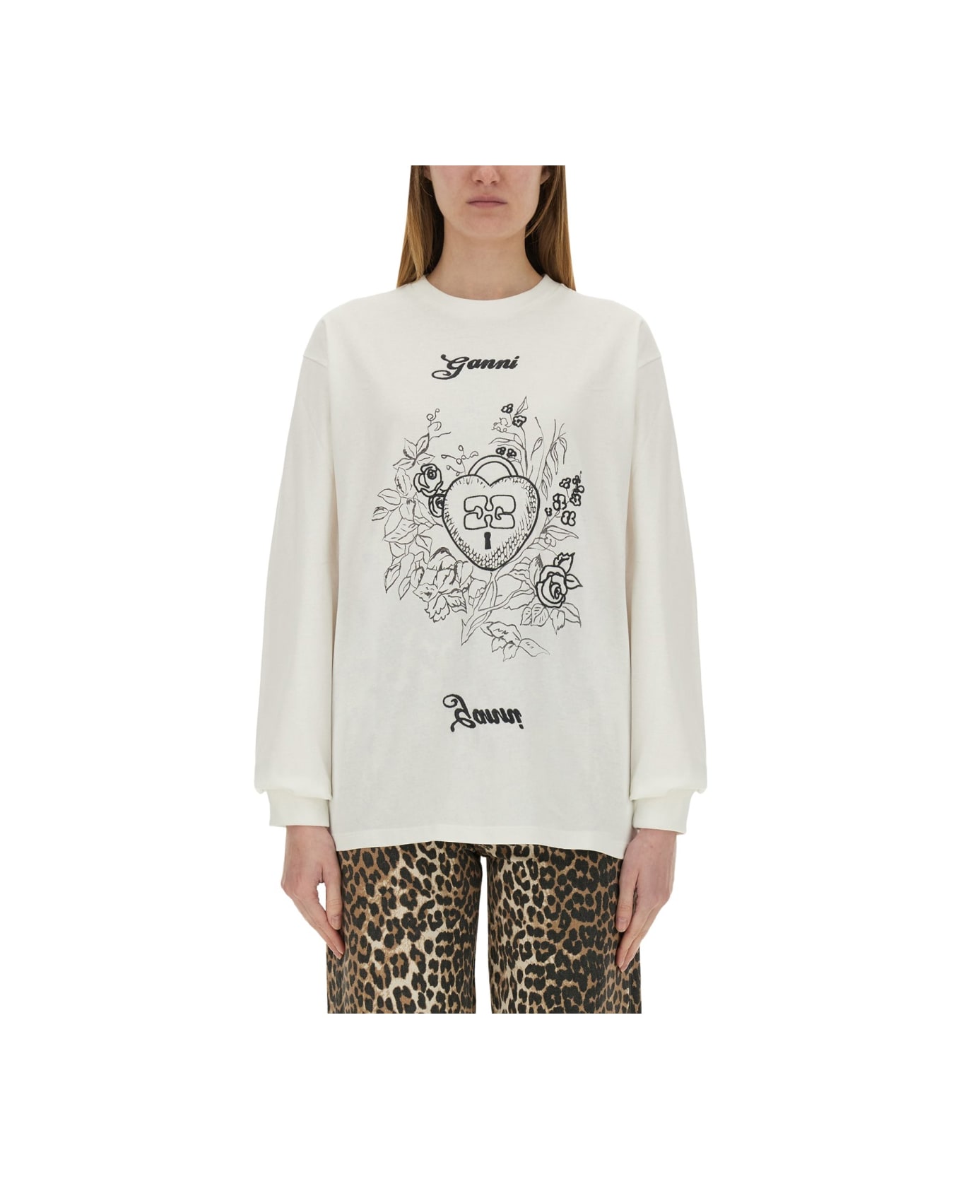 Ganni Cotton Embroidered T-shirt - WHITE